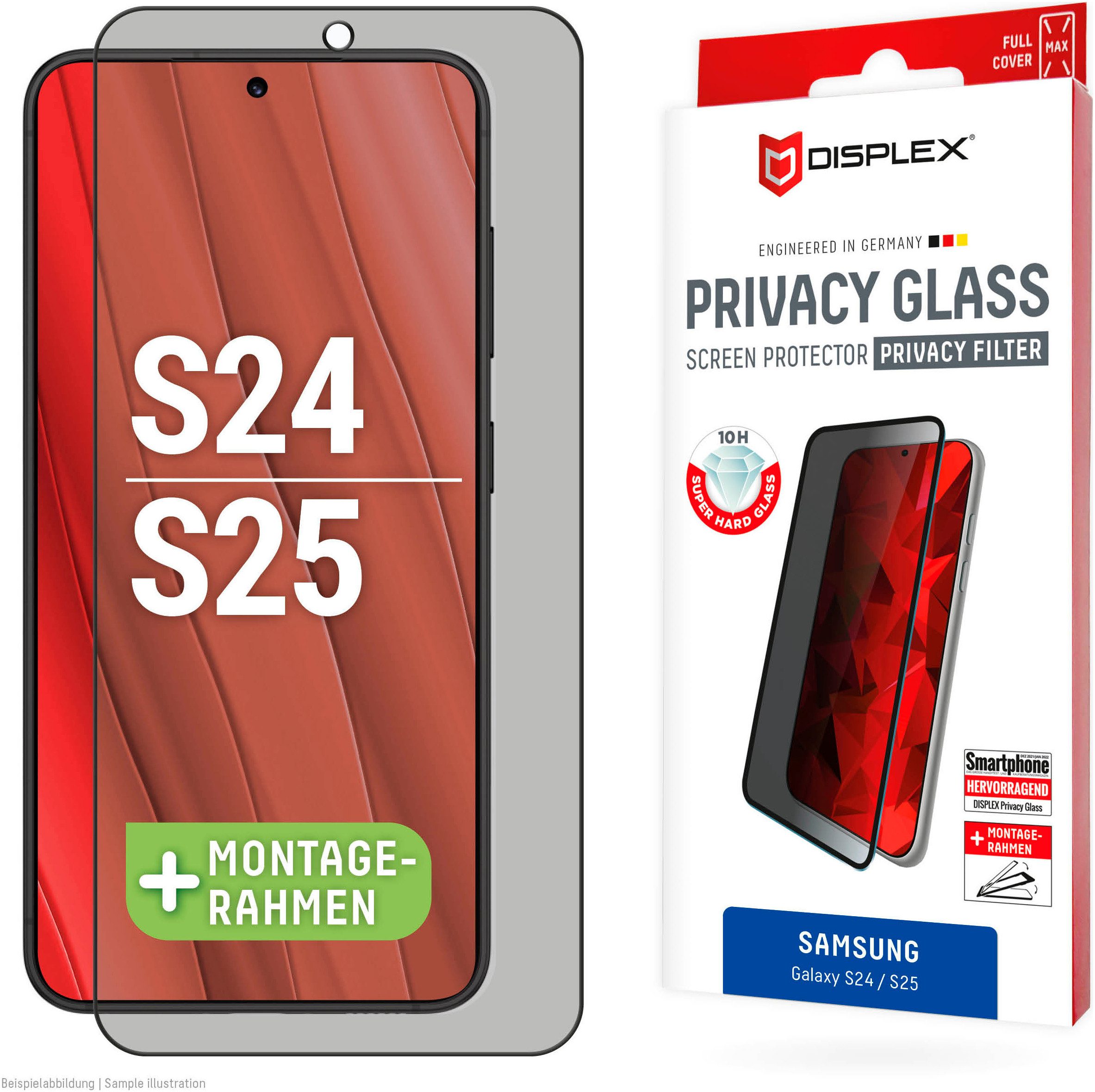 Displex Displayschutzglas Privacy Glass für Samsung Galaxy S24, Samsung Galaxy S25, Blickschutz Displayschutzfolie Displayschutz kratzer-resistent 10H