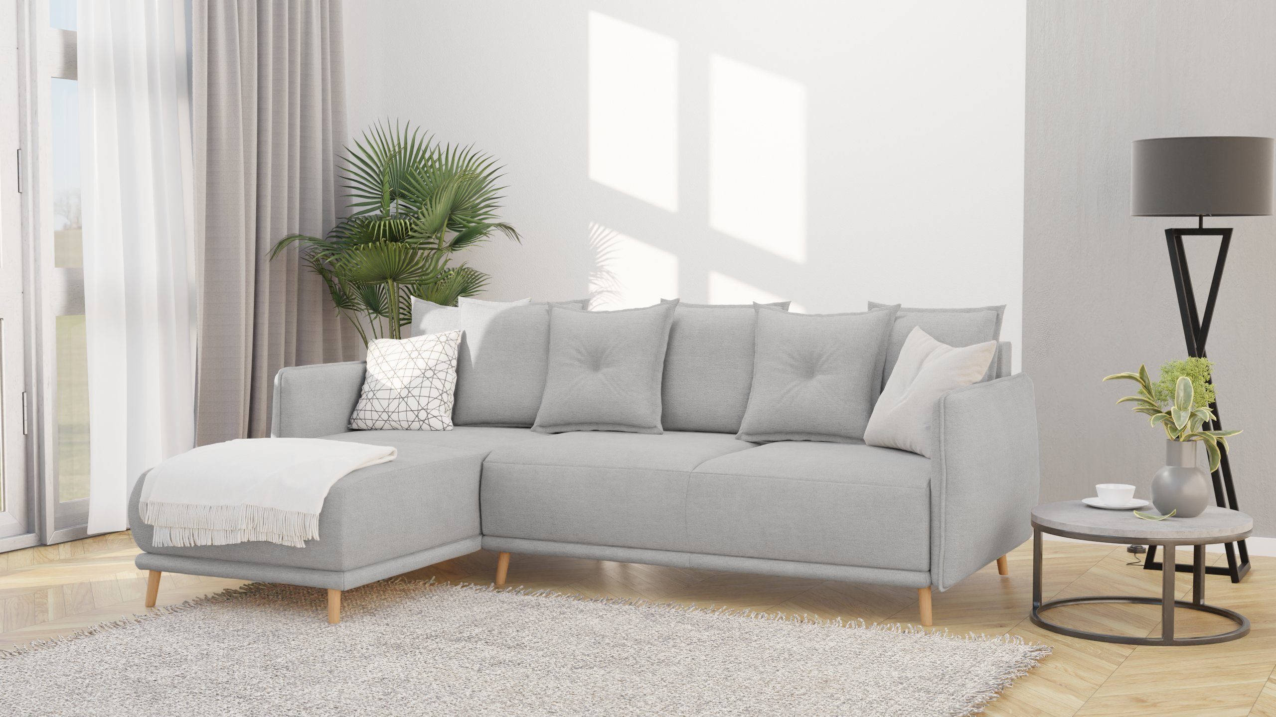 S-Style Möbel Ecksofa Lina mit Schlaffunktion, Bettkasten und Holzfüßen, aus Luxusmicrofaser, Ottomane links oder rechts bestellbar, mit Wellenfederung