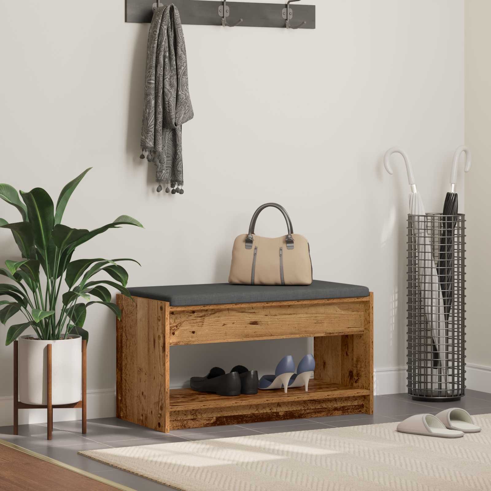 vidaXL Sitzbank Flurbank mit Kissen mit Regal Altholz 83 x 38 x 45 cm (1-St)