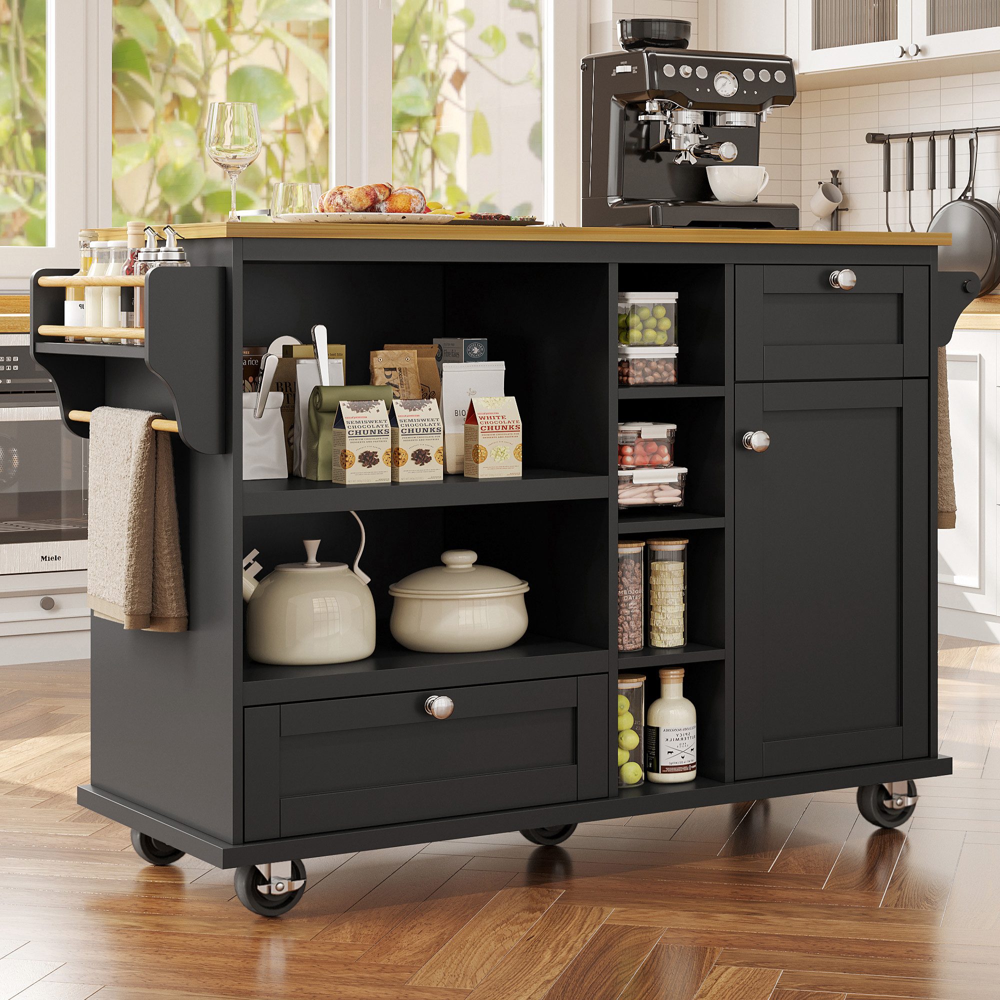 Flieks Küchenwagen Sideboard, (1 St., verstellbare Einlegeböden, Rollen/Holzfüße austauschbar), Anrichte Küchenschrank mit Arbeitsplatte Speisewagen Kommode