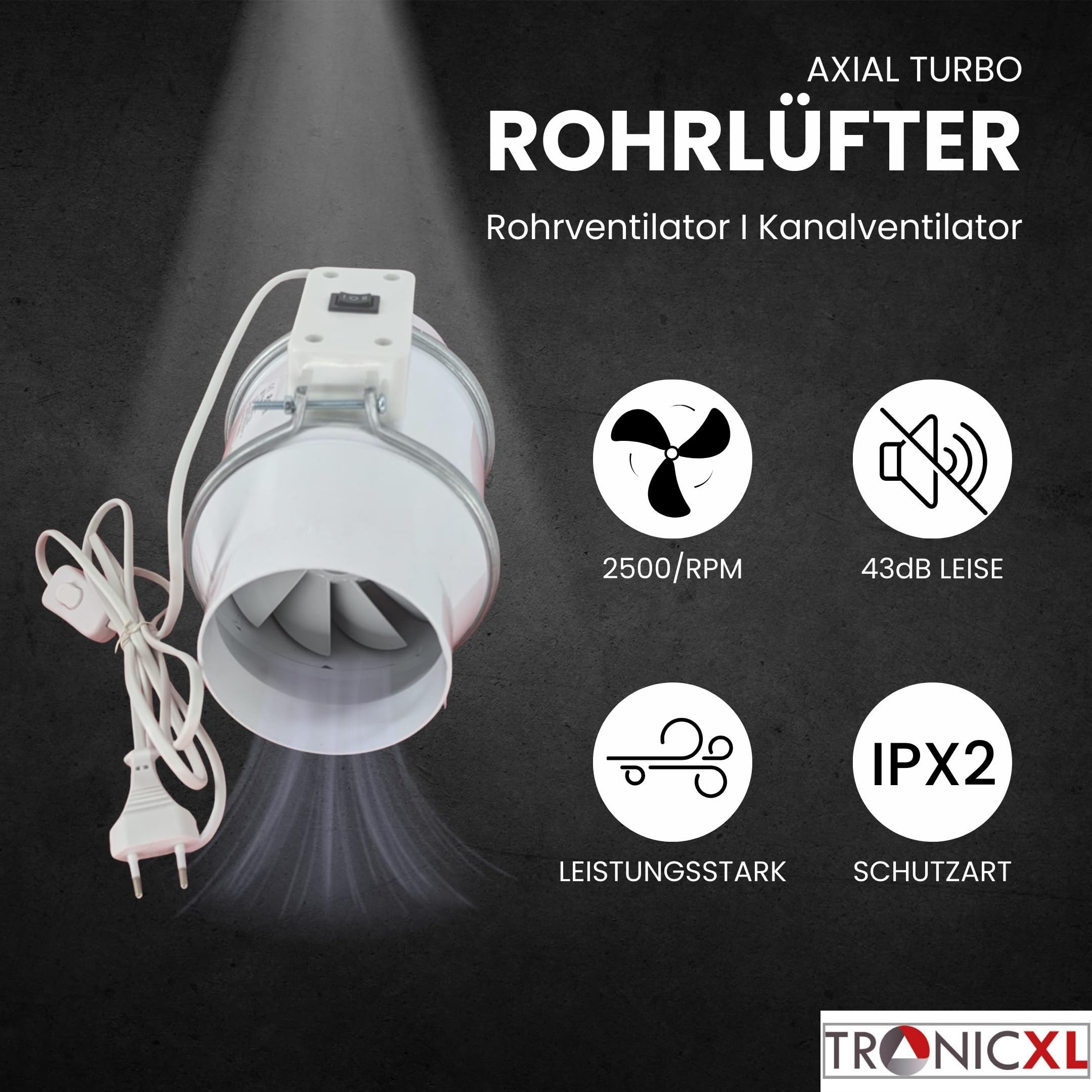 TronicXL Radialventilator 100mm Turboventilator Axial Rohrventilator regelbar mit Kabel Stecker, für Steckdose Lüfter Abluft Zuluft