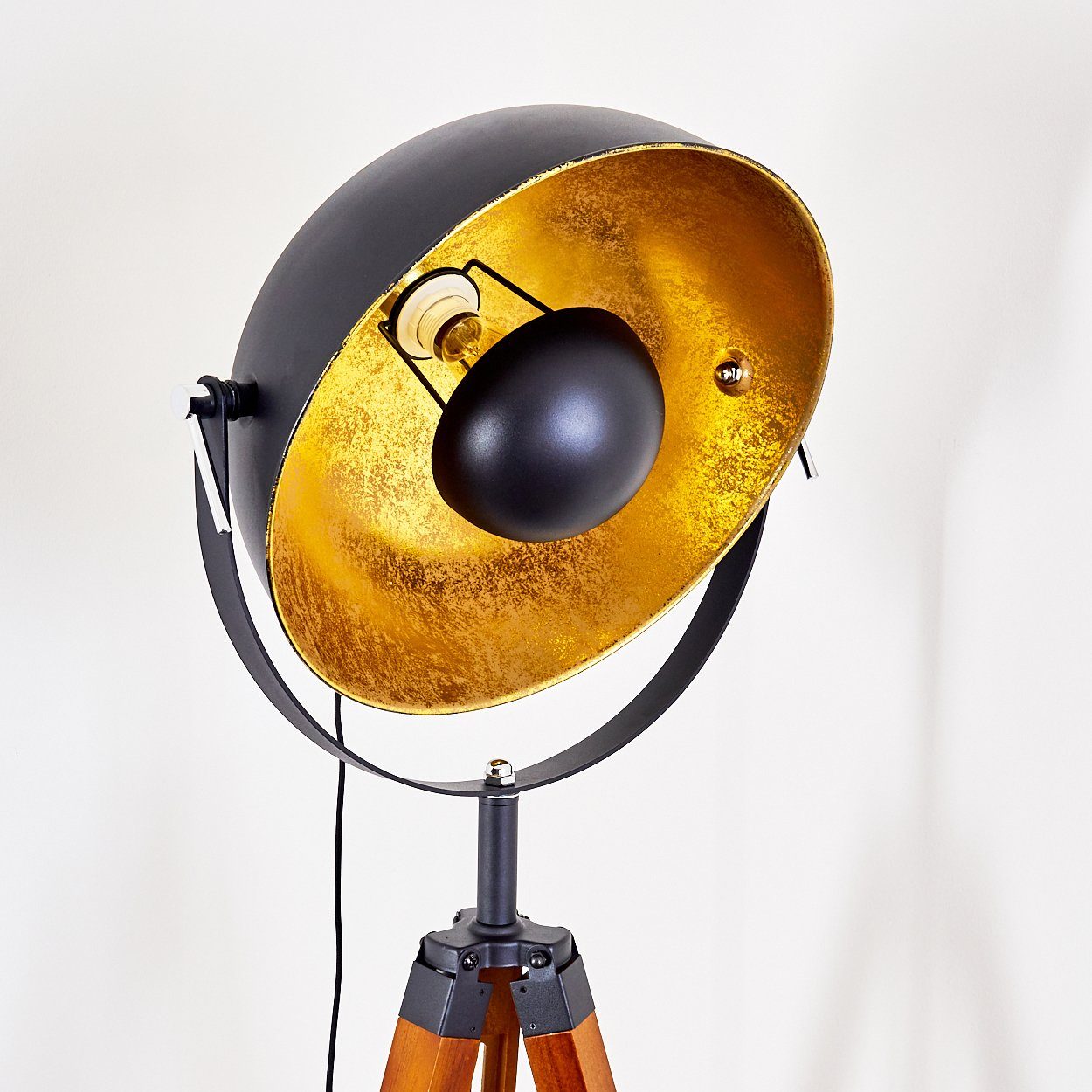 Schwarz/Gold Stehlampe in Bodenleuchte Weiß, in hofstein Metall, Leuchtmittel, Stehleuchte Ø45cm, Holz E27, aus verstellbare Gestell »Ghedi« Vintage ohne