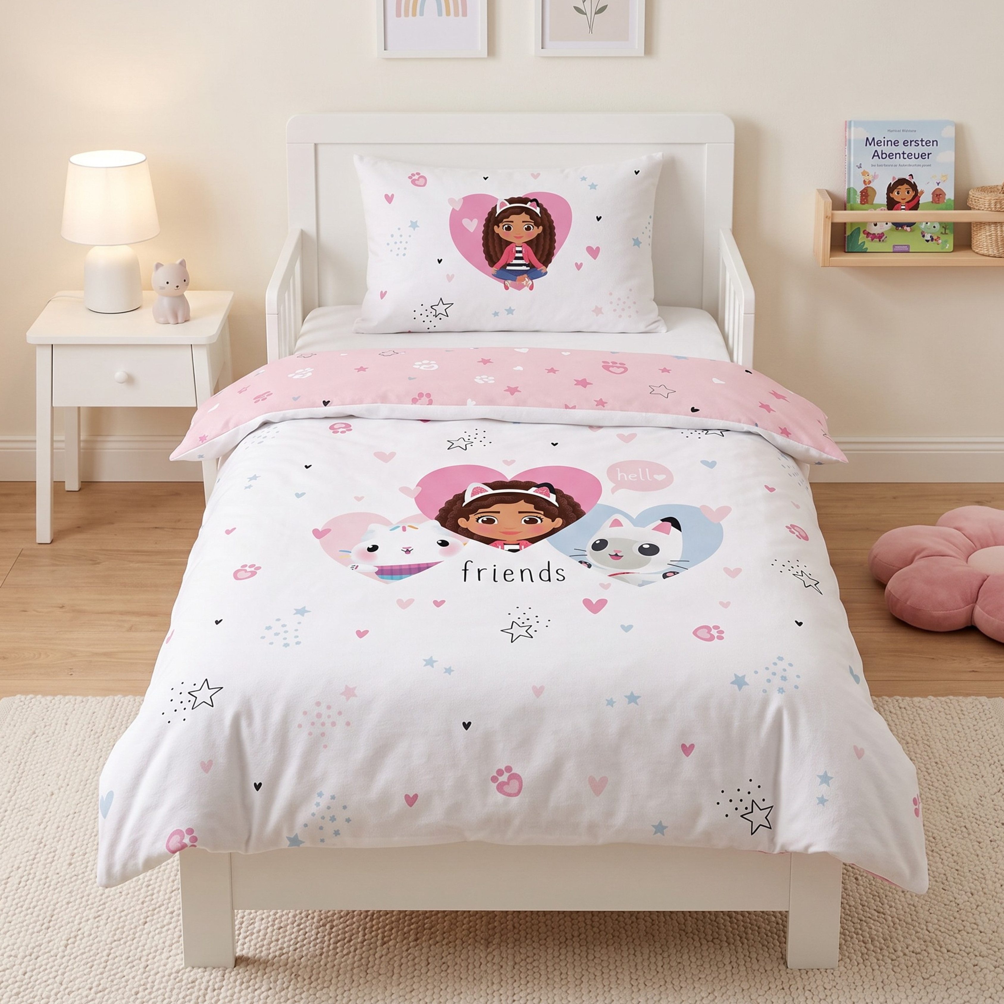 MTOnlinehandel Babybettwäsche Gabby's Dollhouse 100x135 cm Flanell, Friends, 100% Baumwolle, 2 teilig, Gabby mit Katzen, Herzen, Sternen & Pfoten