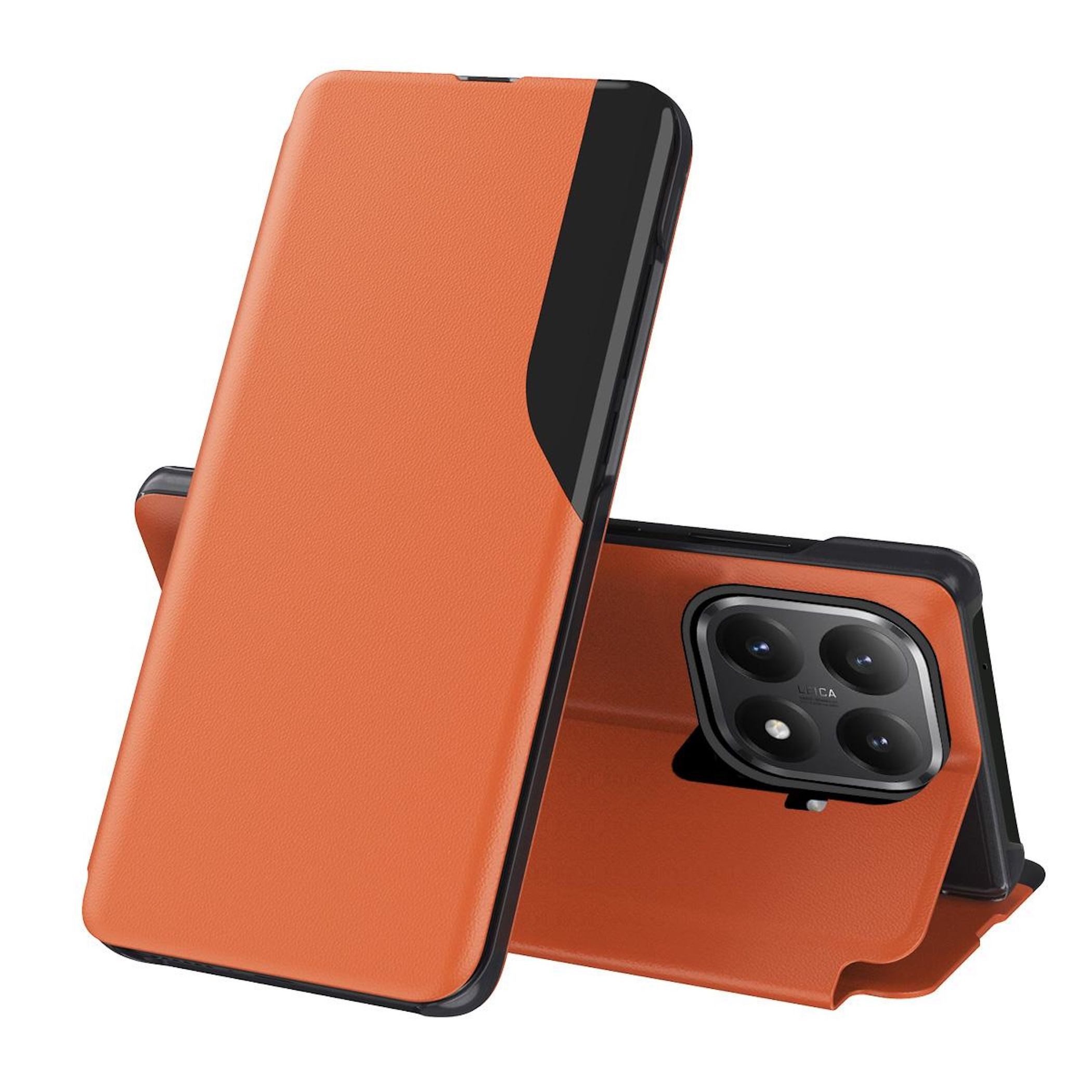 Wigento Handyhülle Für Xiaomi 15T Pro Magnetische Flip Schutz Hülle Window Fenster Orange, Flip Case mit Sichtfenster und Standfunktion