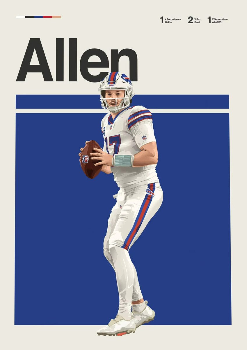TPFLiving Kunstdruck (OHNE RAHMEN) Poster - Leinwand - Wandbild, Leinwandgemälde: Höhepunkte des amerikanischen Football-Stars (Leinwandbild XXL), Farben: Rot, Blau, Gelb, Schwarz, Weiß, Braun -Größe: 30x42cm