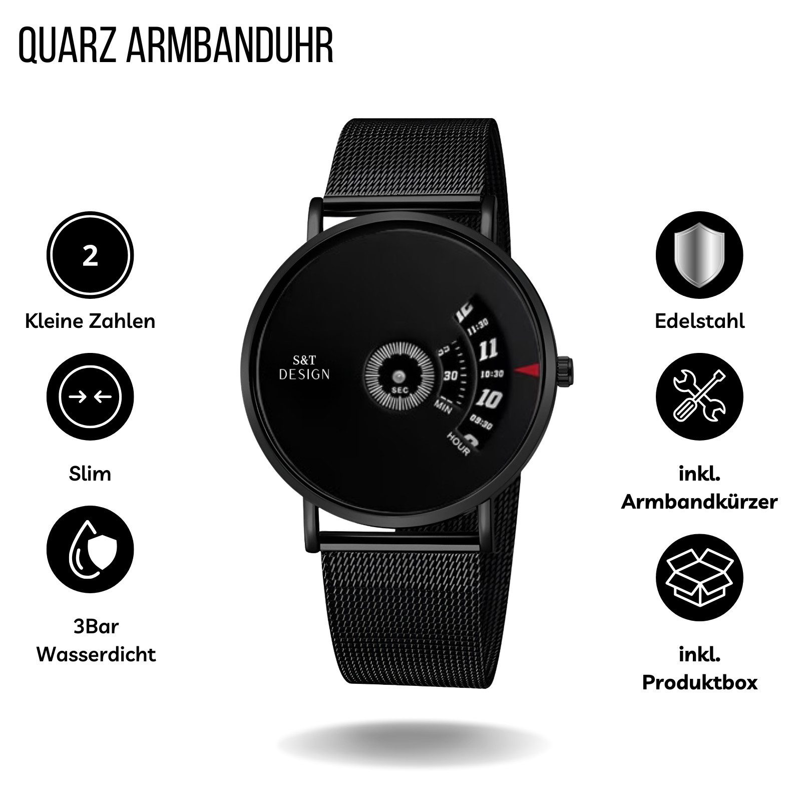 S&T Design Quarzuhr Herren Armbanduhr Mesh Armband Herrenuhr Analoge Männer Uhr, (Uhrenbox, inkl. Werkzeug), Wasserdicht Ultra Dünne Edelstahl Mesh Armband Minimalistisch Anzug