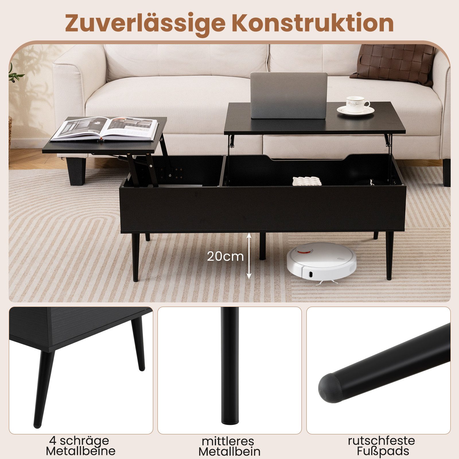 COSTWAY Couchtisch (1-St), höhenverstellbar, Wohnzimmertisch mit Stauraum, Holz