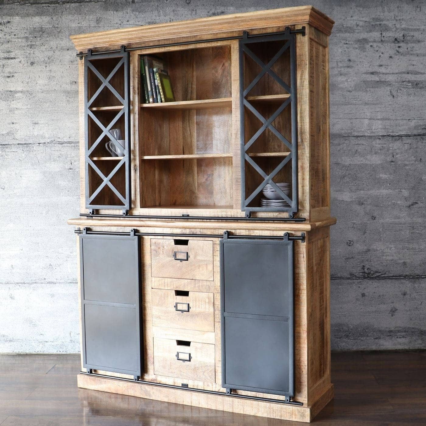 baario Buffet Geschirrschrank SELCE Industrial 150cm Massivholz Eisen Vitrine Buffet Schiebetüren