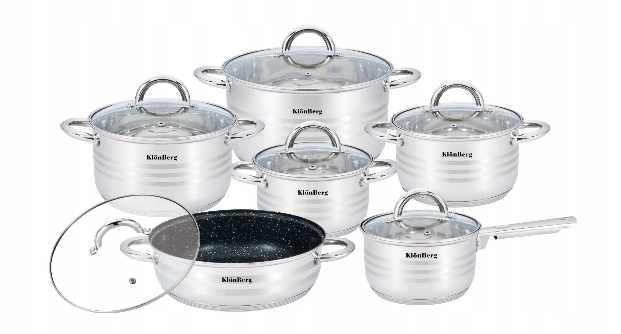 KlönBerg Topf-Set 12-teiliges Topfset aus Edelstahl mit WOK – verschiedene Größen, Edelstahl (Passt in jede Küche! 1.3L / 1.7L / 2.4L / 3.1L / 4.3L, 12-tlg., Es ist eine perfekte Geschenkidee für jeden Anlass)