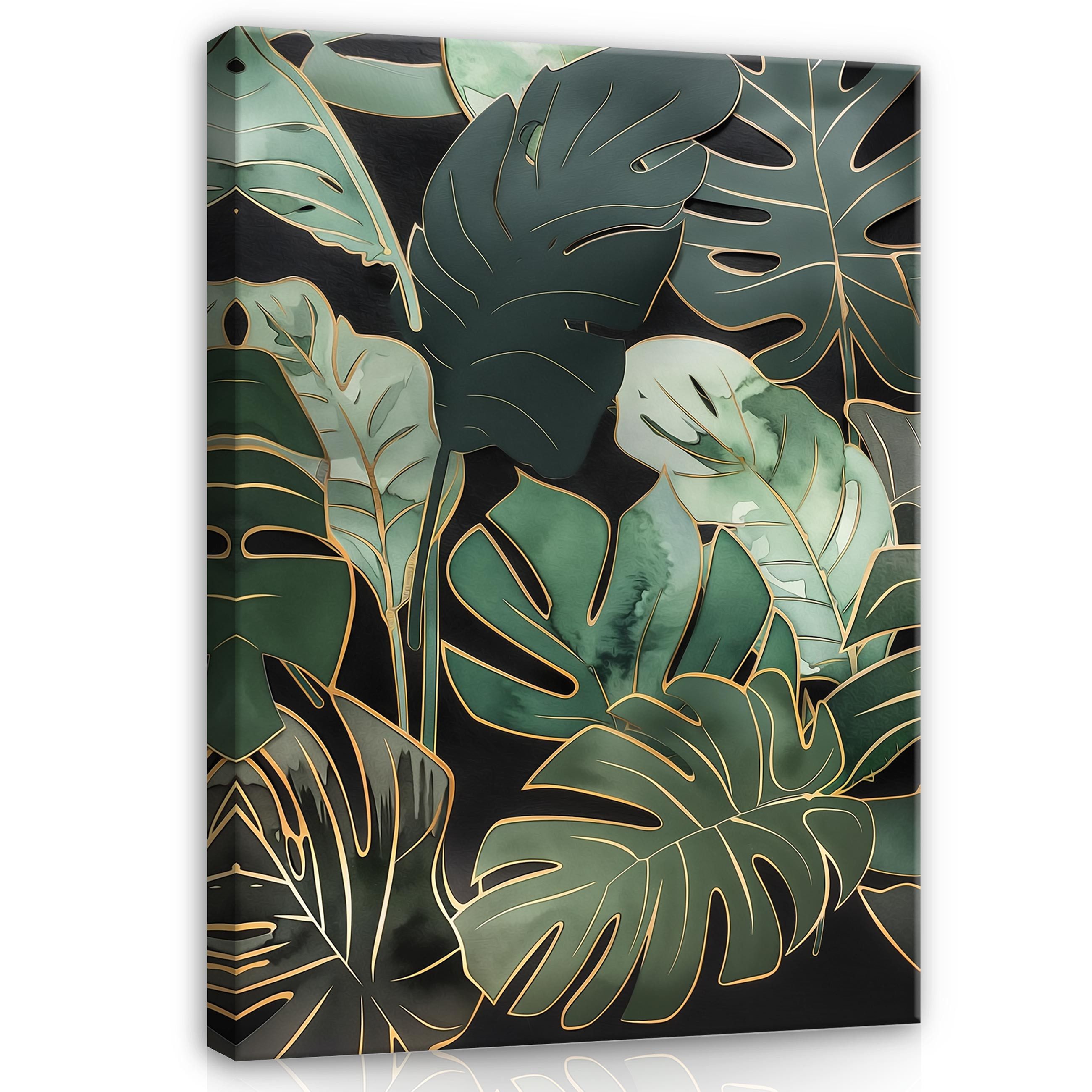 Wallarena Leinwandbild Blätter Grün Gold Natur Wandbilder XXL Wand Deko Bil günstig online kaufen