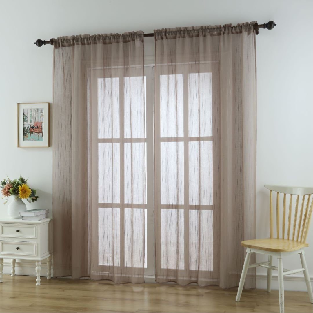 Fenstervorhänge, Polyester, (2 Stangendurchzug HOMEIDEAS, cm halbtransparent, Gardine, Braun St), 132