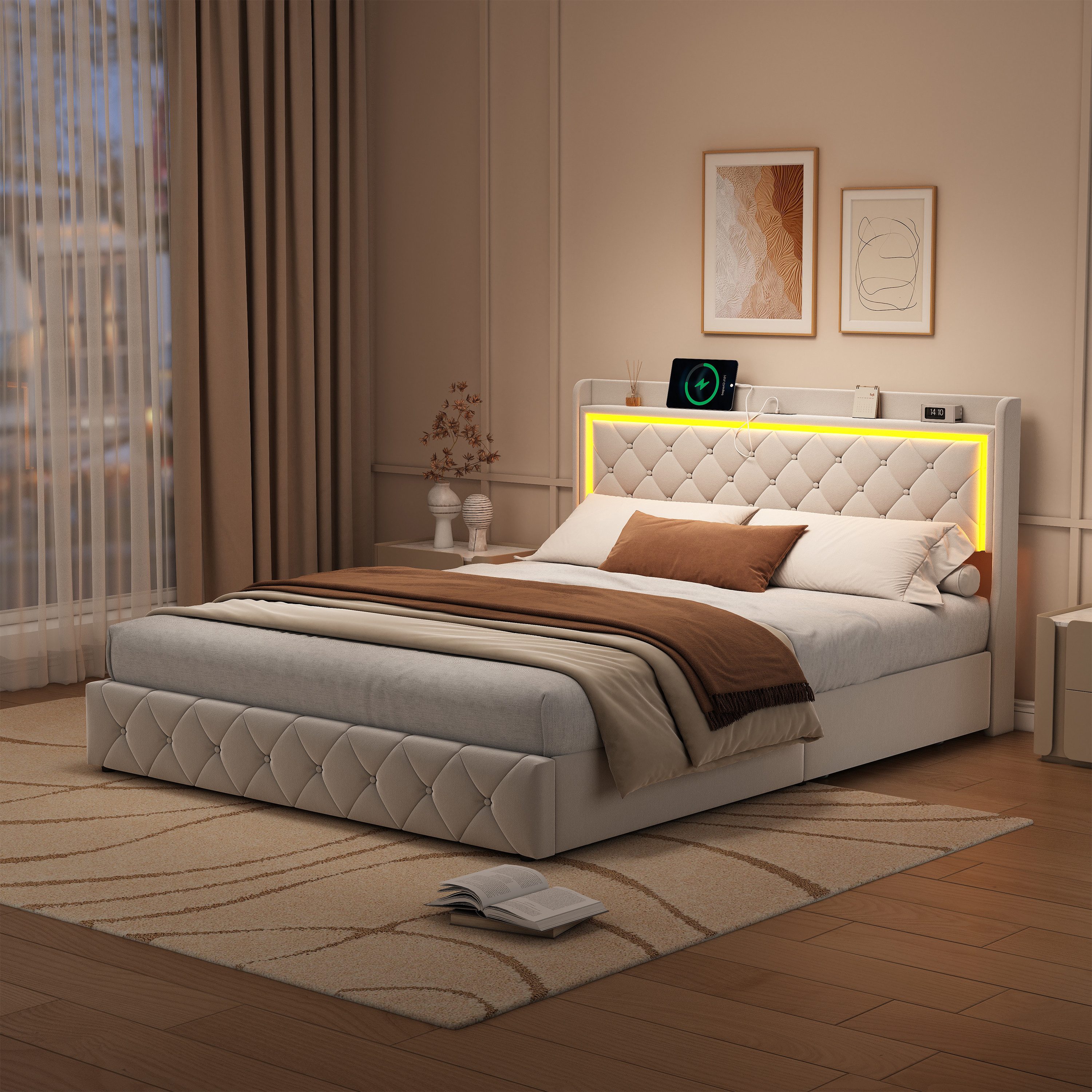 Furnishings Home Polsterbett Stauraumbett Doppelbett LED, Samtstoff (1-tlg) günstig online kaufen