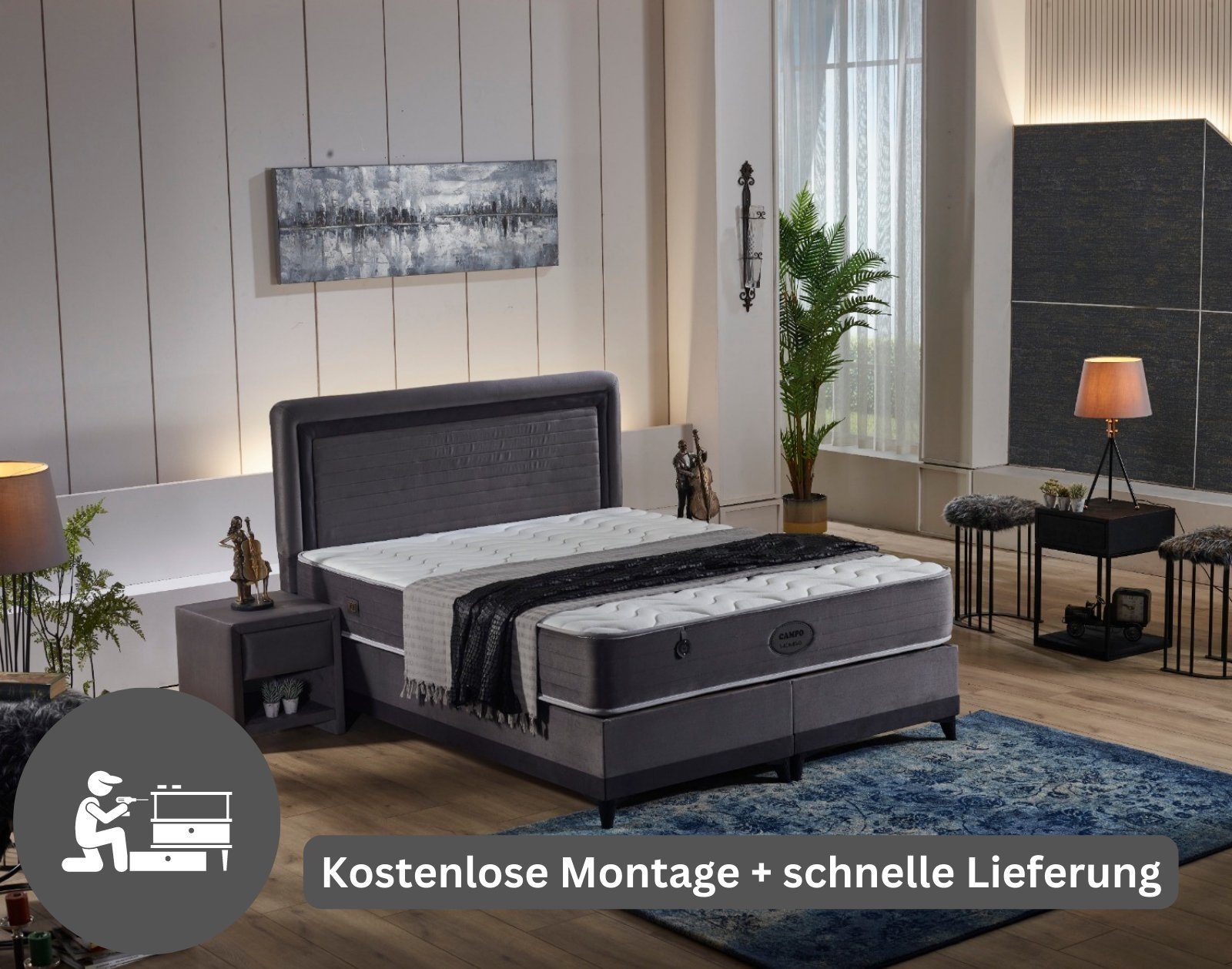 KuffeSleep Boxspringbett Boxspringbett 160x200 - 180x200 Schlafzimmer Set Doppelbett Campo