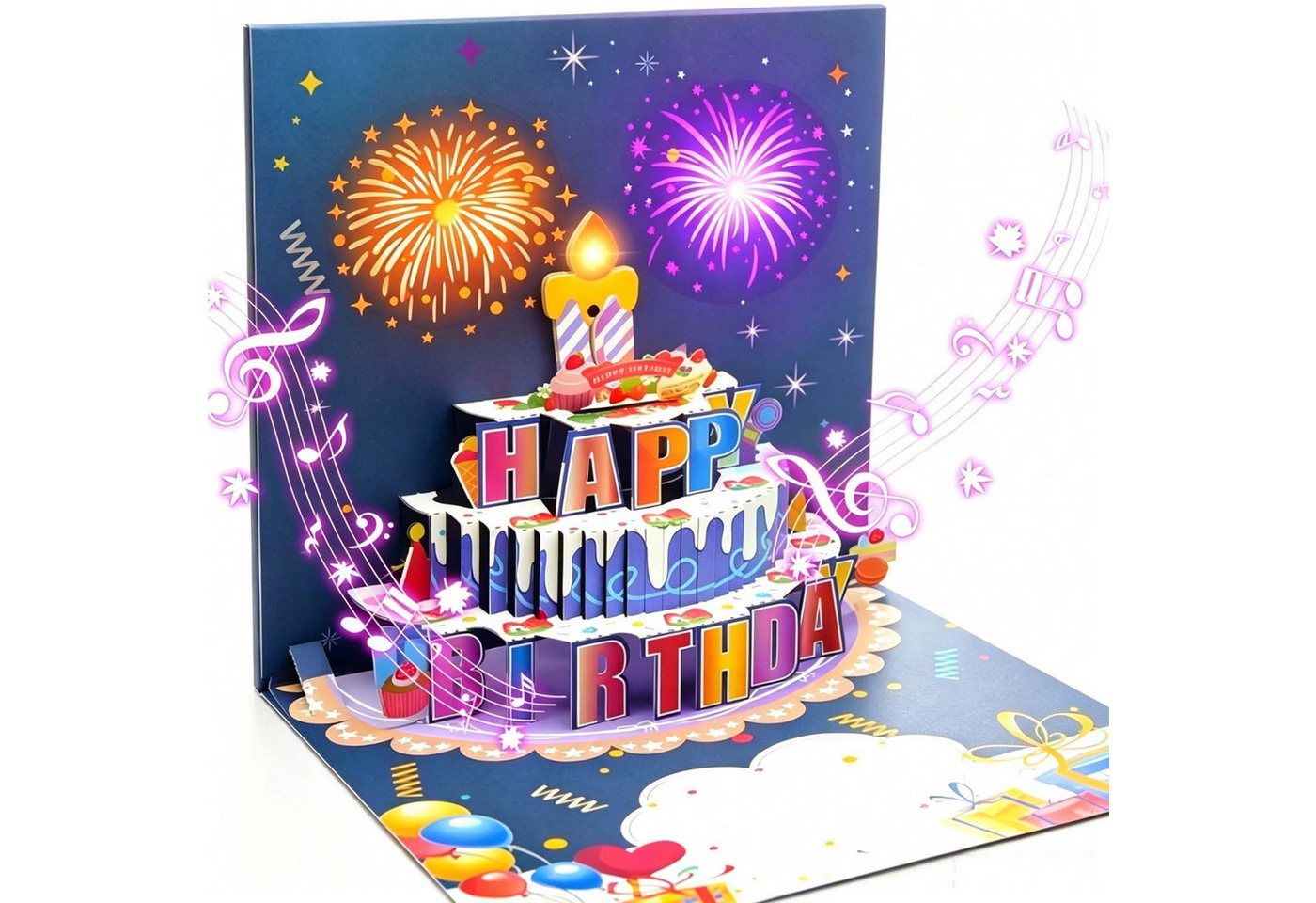 MOPUEA Geburtstagskarte Geburtstagskarte 3D-Pop-Up-Feuerwerk Kuchen variable Lichter und Musik, Verstellbar ergonomisch atmungsaktiv stabil …