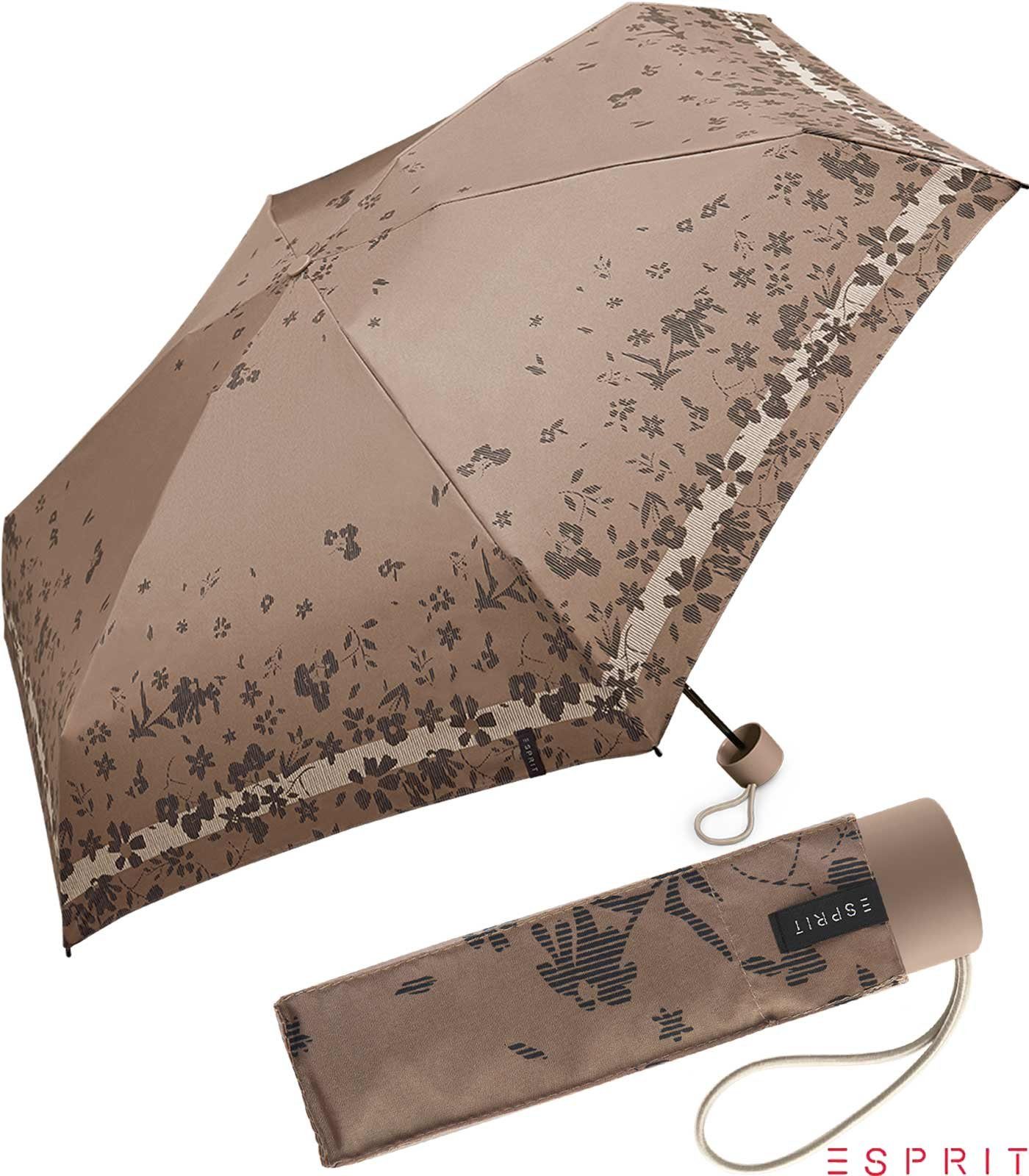 Esprit Taschenregenschirm Damen Super Mini Regenschirm Petito Poetry Flower - taupe gray, winzig klein, mit Blumenmuster