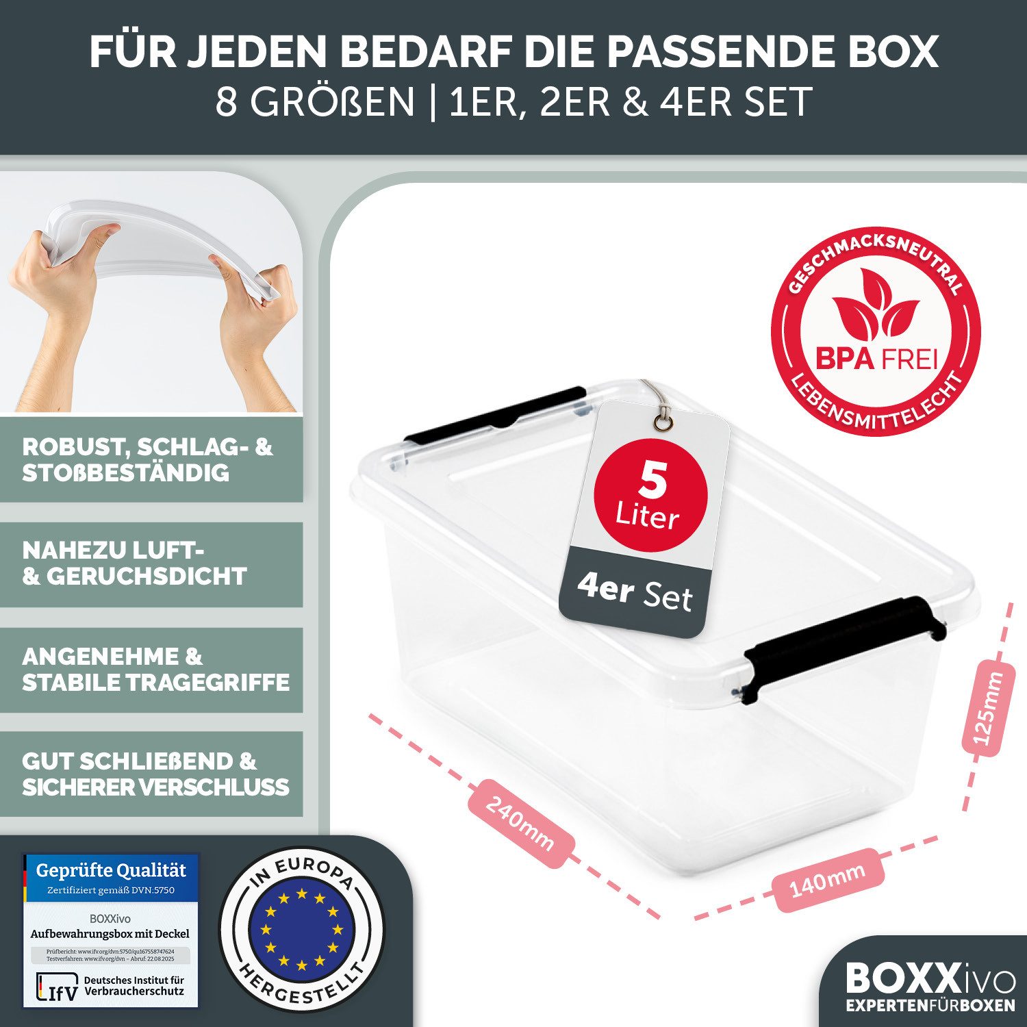 BOXXivo Aufbewahrungsbox Aufbewahrungsboxen mit Deckel BPA-freie & lebensmittelechte Boxen (4 St), Plastikbox mit Deckel - robuste & stapelbare Aufbewahrungsboxen