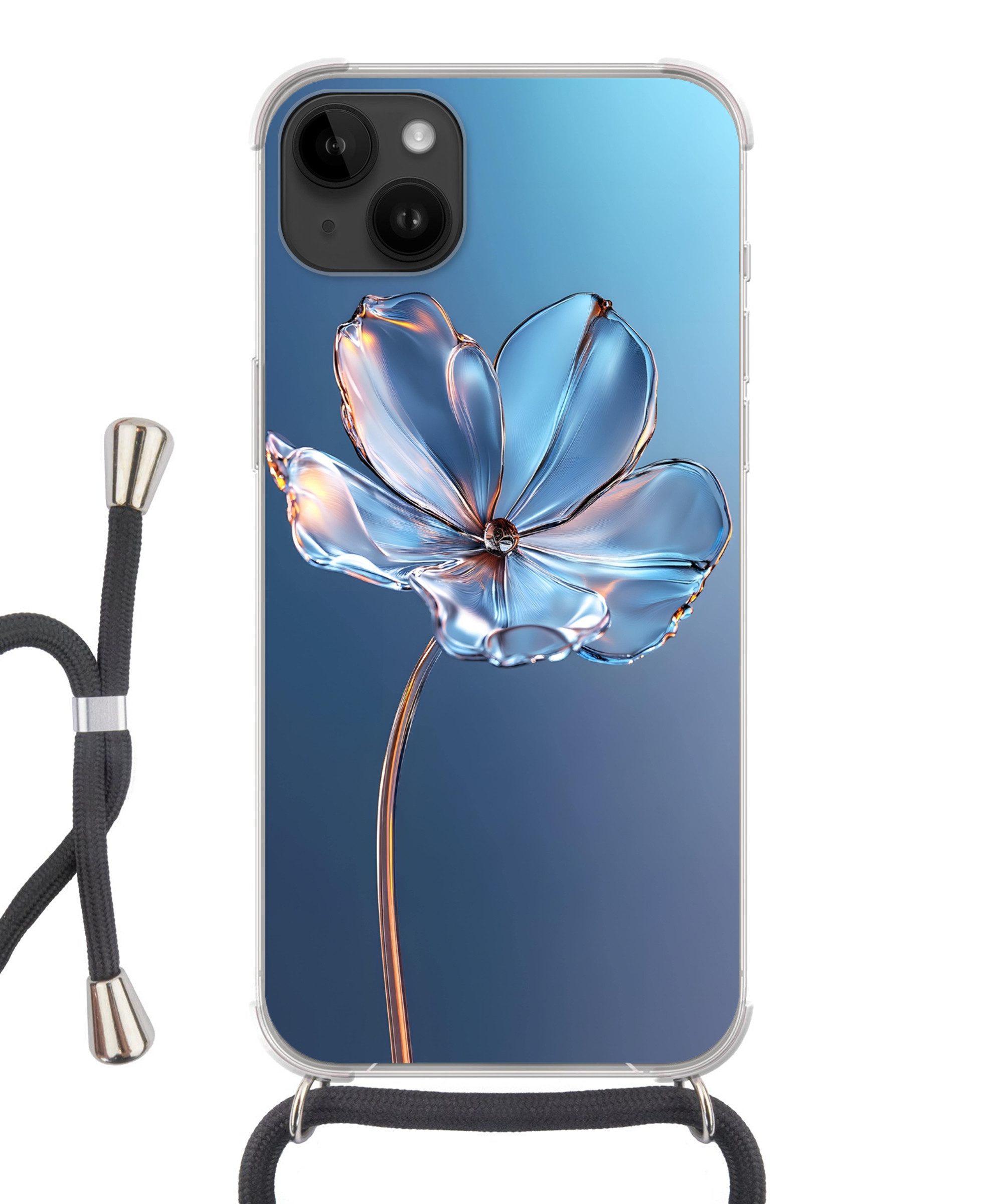 MuchoWow Handyhülle für Apple iPhone 14 Plus Blau - Blume - Gläser - Verziert, Tragbare Handyhüllen mit Kette zum umhängen, Handykette Handyband