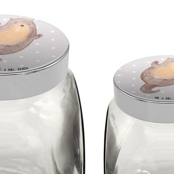 Mr. & Mrs. Panda Vorratsglas XL 2000ml Otter Umarmen - Grau Pastell - Geschenk, Vorratsdose, Vorra, Premium Glas, (1-tlg), Herzmotiv