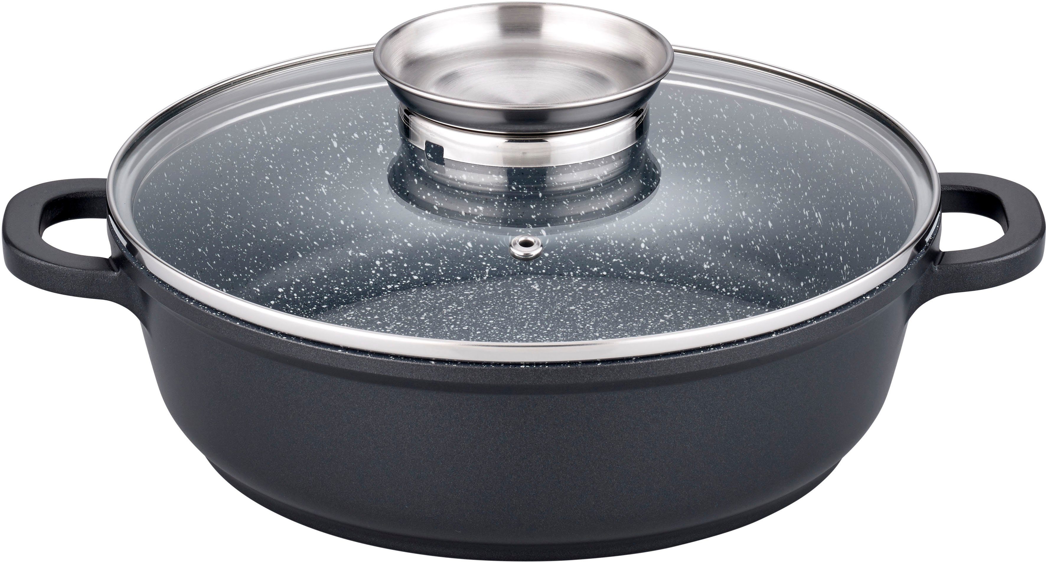 GSW Pfannen-Set Gourmet Granit, Aluminiumguss (Set, 5-tlg., 1x Servierpfanne mit Glasdeckel 24cm, 28cm, Servierzange), Aluminium-Guss, VITAFLON® GRANIT Antihaft-Versiegelung, Induktion