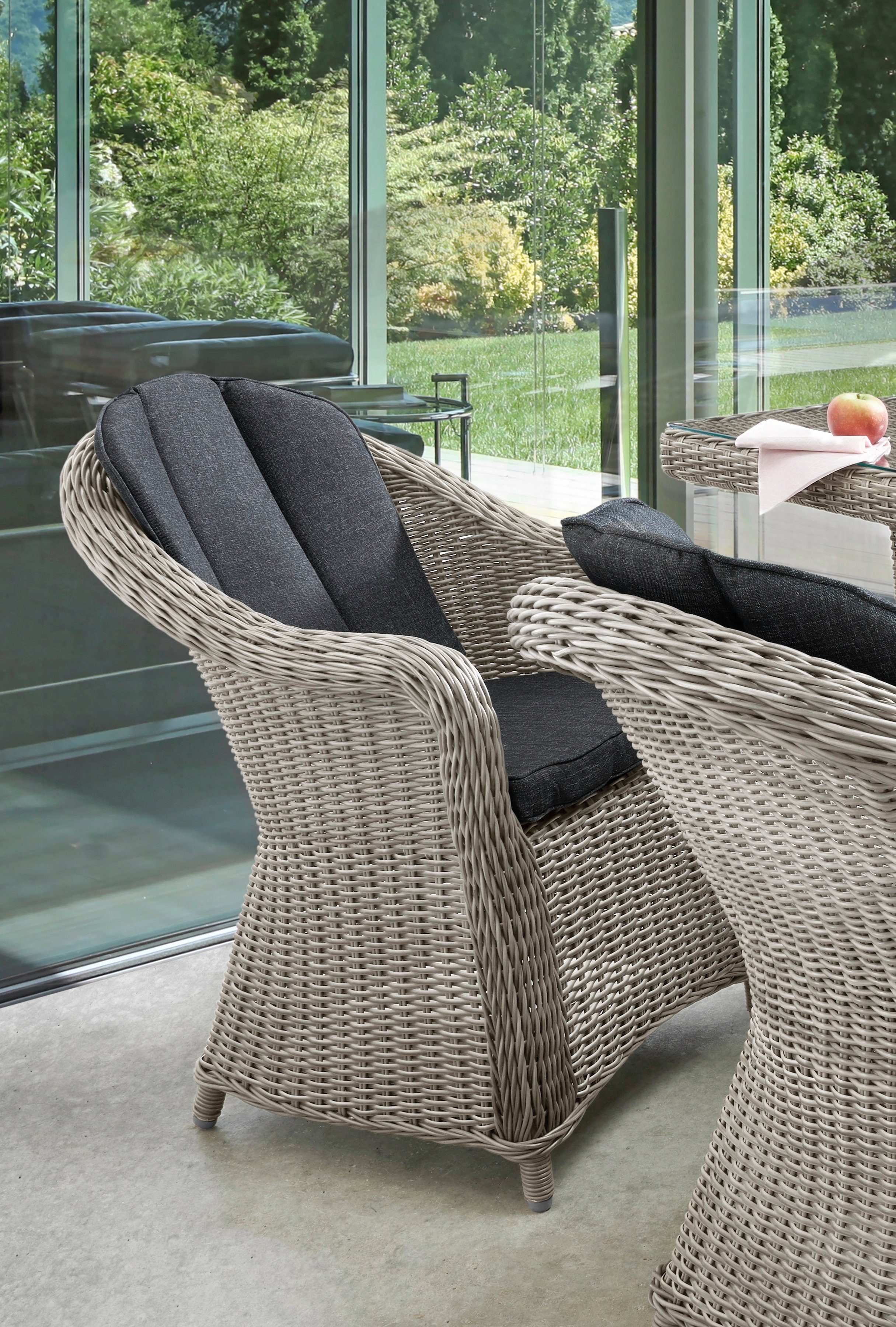Destiny Garten-Essgruppe MALAGA LUNA, (13-tlg., 4x Sessel, 1x Tisch, inkl. Auflagen), Aluminium, Polyrattan
