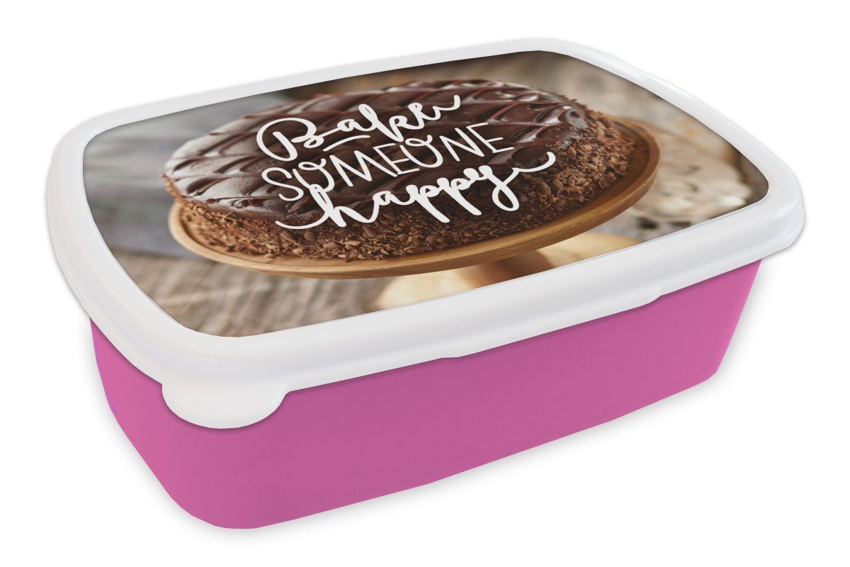MuchoWow Lunchbox Zitate - 'Backe jemanden glücklich' - Sprichwörter, Kunststoff, (2-tlg), Brotbox für Erwachsene, Brotdose Kinder, Snackbox, Mädchen, Kunststoff rosa