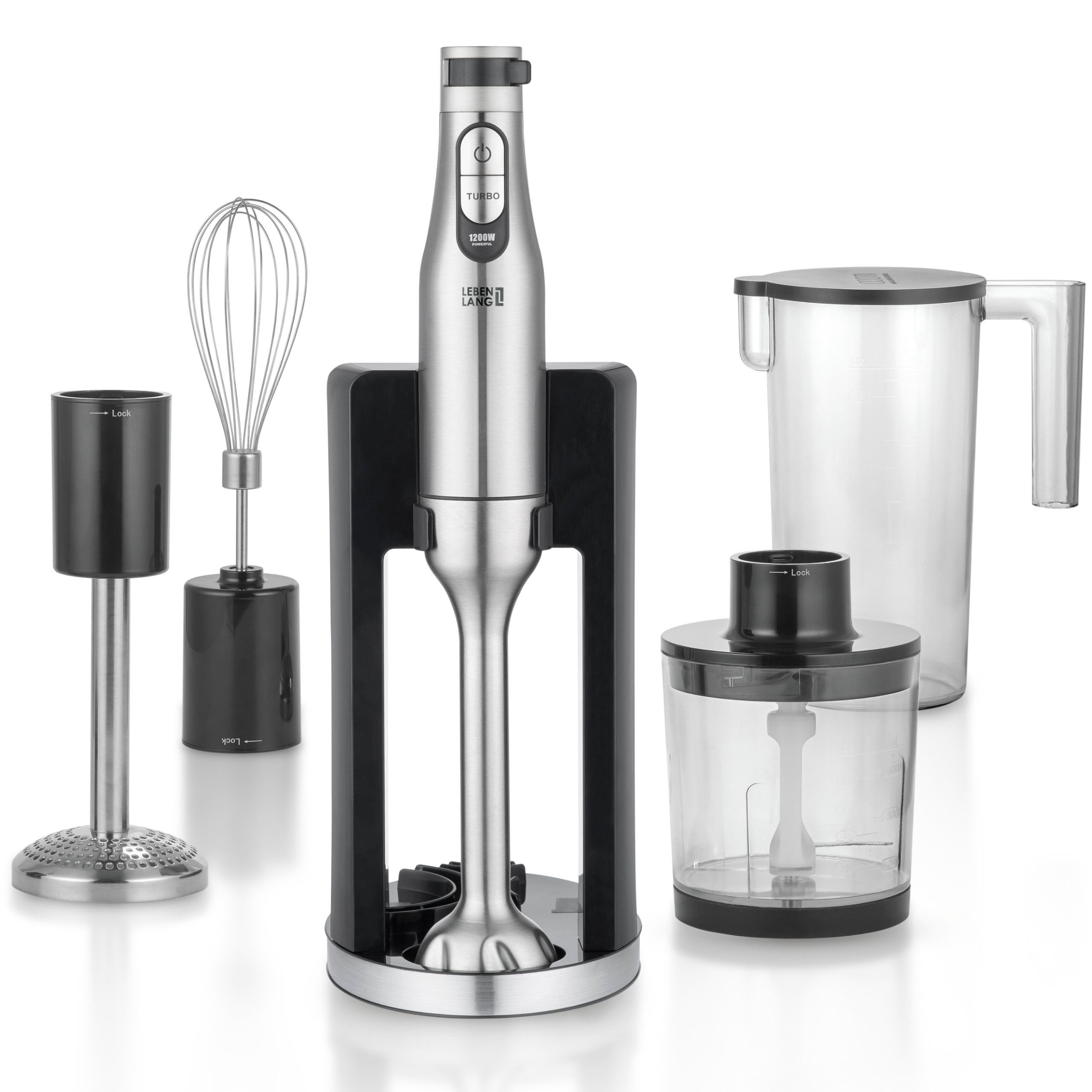 Stabmixer Premium Set aus Edelstahl - Stufenlos verstellbar & Inkl. Aufsätze