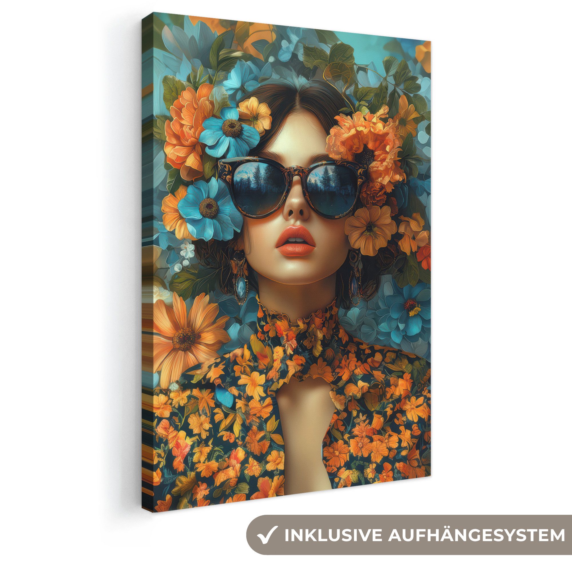 OneMillionCanvasses® Leinwandbild Frau - Blumen - Orange - Blau - Modern, Fotodruck (1 St), Leinwand Canvas Wandbild, Wanddekoration 20x30 cm