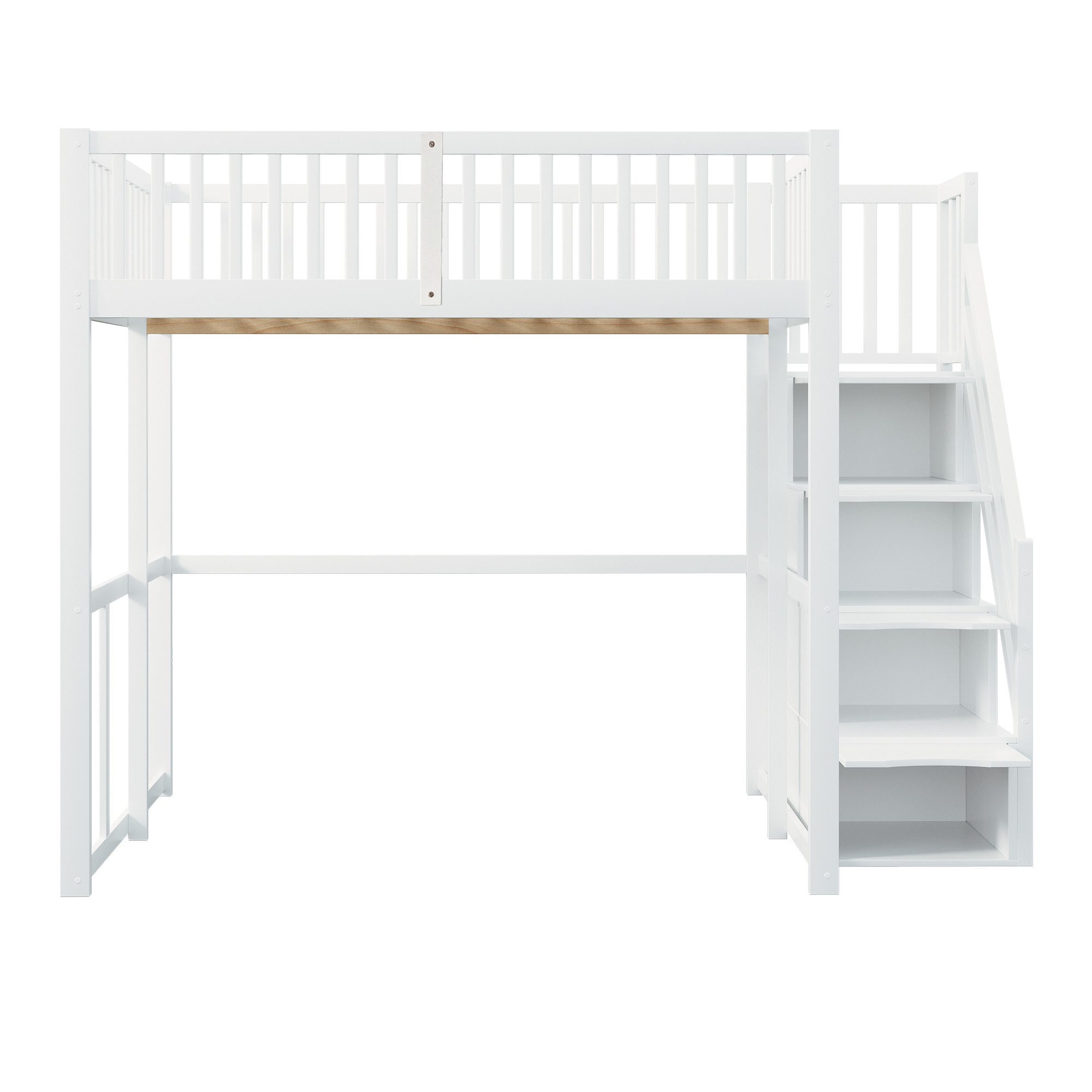 Flieks Hochbett Massivholz Kinderbett Einzelbett 140x200cm mit Stauraumtreppe