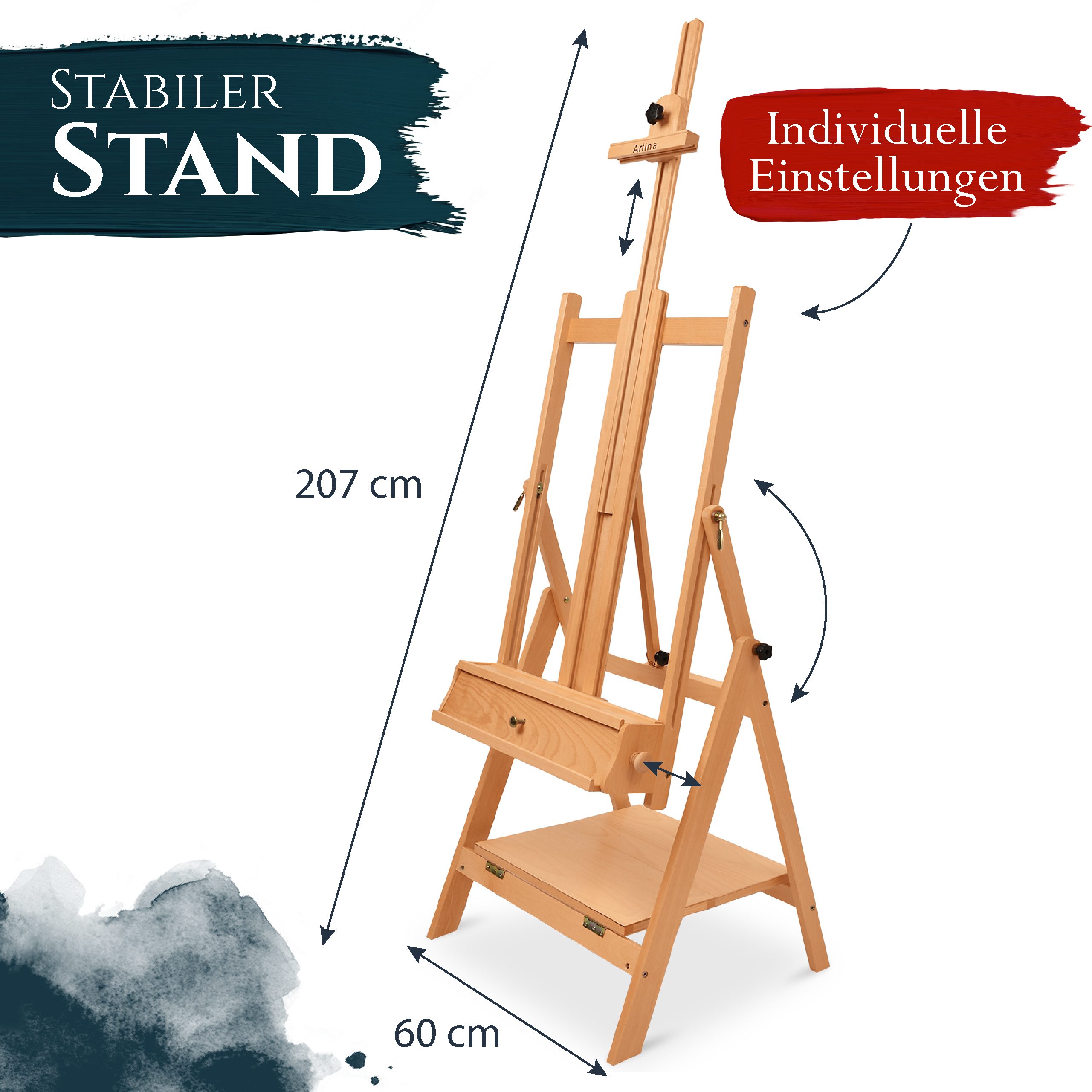 Artina Staffelei Staffelei Holz Groß für Keilrahmen bis 150 cm Napoli, Holzstaffelei Atelierstaffelei Künstlerstaffelei Malerstaffelei