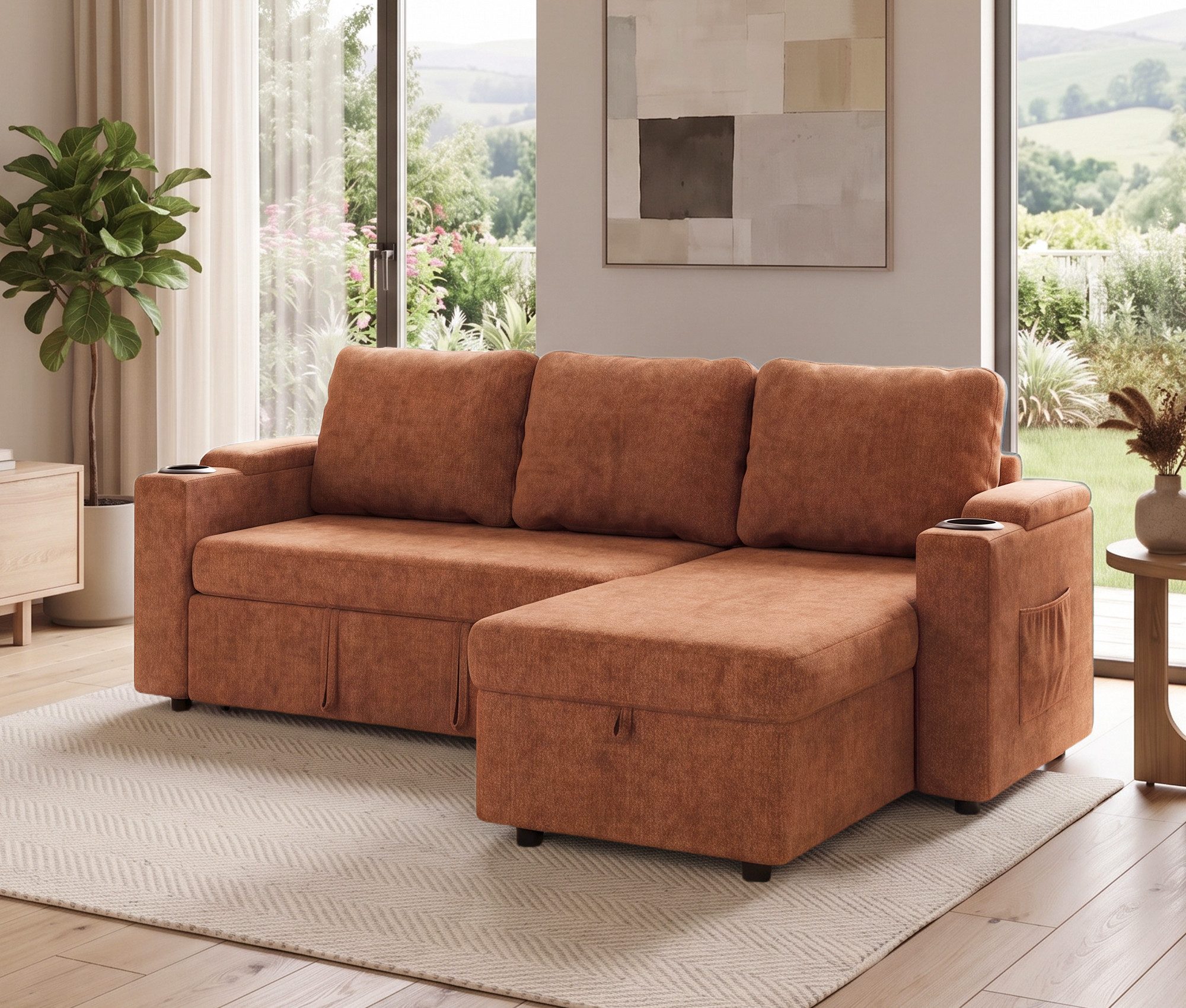 HOMALL Sofa Bequemes Eck-Schlafsofa, mit Schlaffunktion und Bettkasten,Becherhaltern