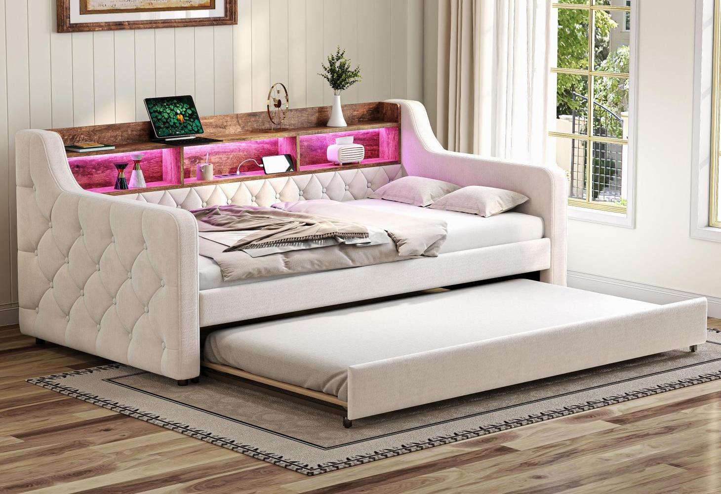 LVHOM Schlafsofa 90x190cm Ausziehsofa, LED-Beleuchtung, zwei Liegeflächen, Samtstoff, 1 Ablagefach + 3 Staufächer, USB-C-Anschluss, einzigartige Knopfsteppung, Holzlatten mit Metallrahmen,bis 260kg, als Sofa/Doppelbett/Einzelbett nutzbar, geeignet für
