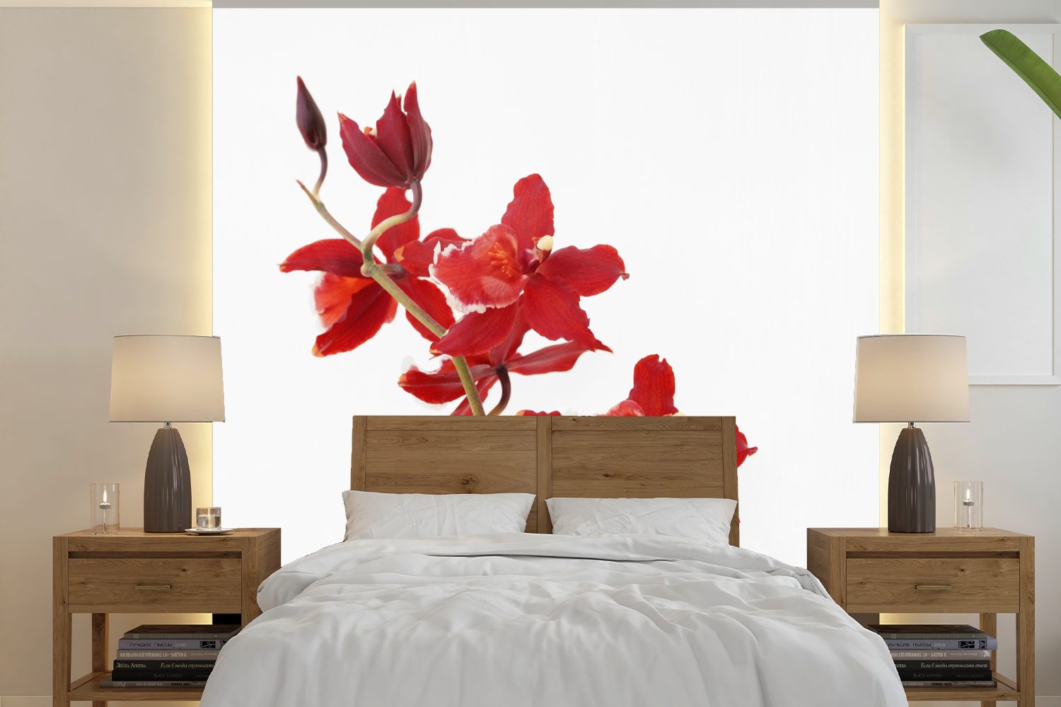 MuchoWow Fototapete Wohnzimmer Schlafzimmer, Hintergrund, oder Rote Orchideen Matt, für St), weißen einem (5 Tapete Wandtapete Vinyl vor bedruckt