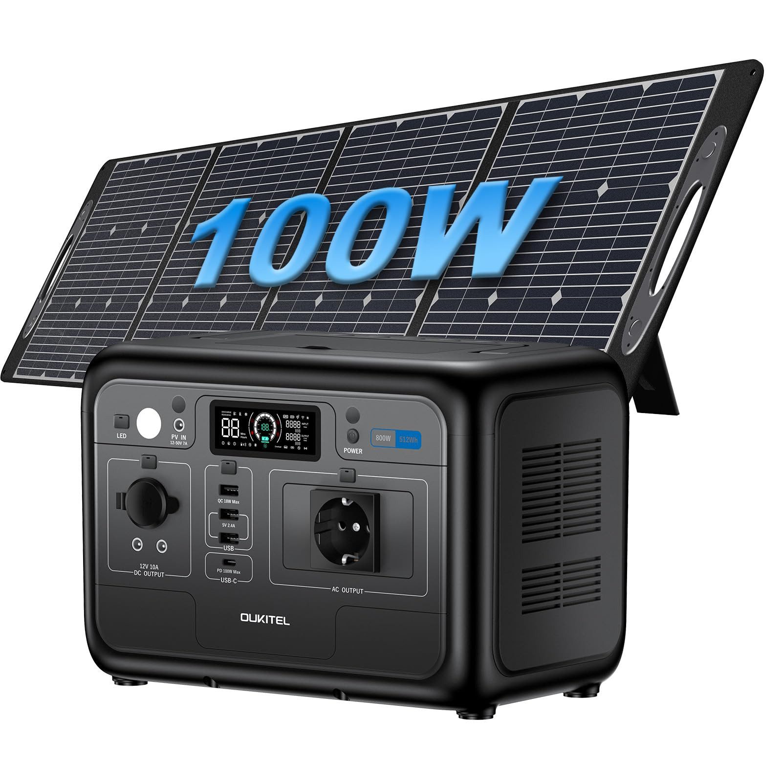 OUKITEL Stromerzeuger P800E 800W/512Wh Tragbare Powerstation, 0,8 in kW, (LiFePO4 Batterie mit 800W (1600W Peak) AC Ausgängen, Mit 100W Solarpanel), PD 100W, für Camping, Reise, Stromausfall