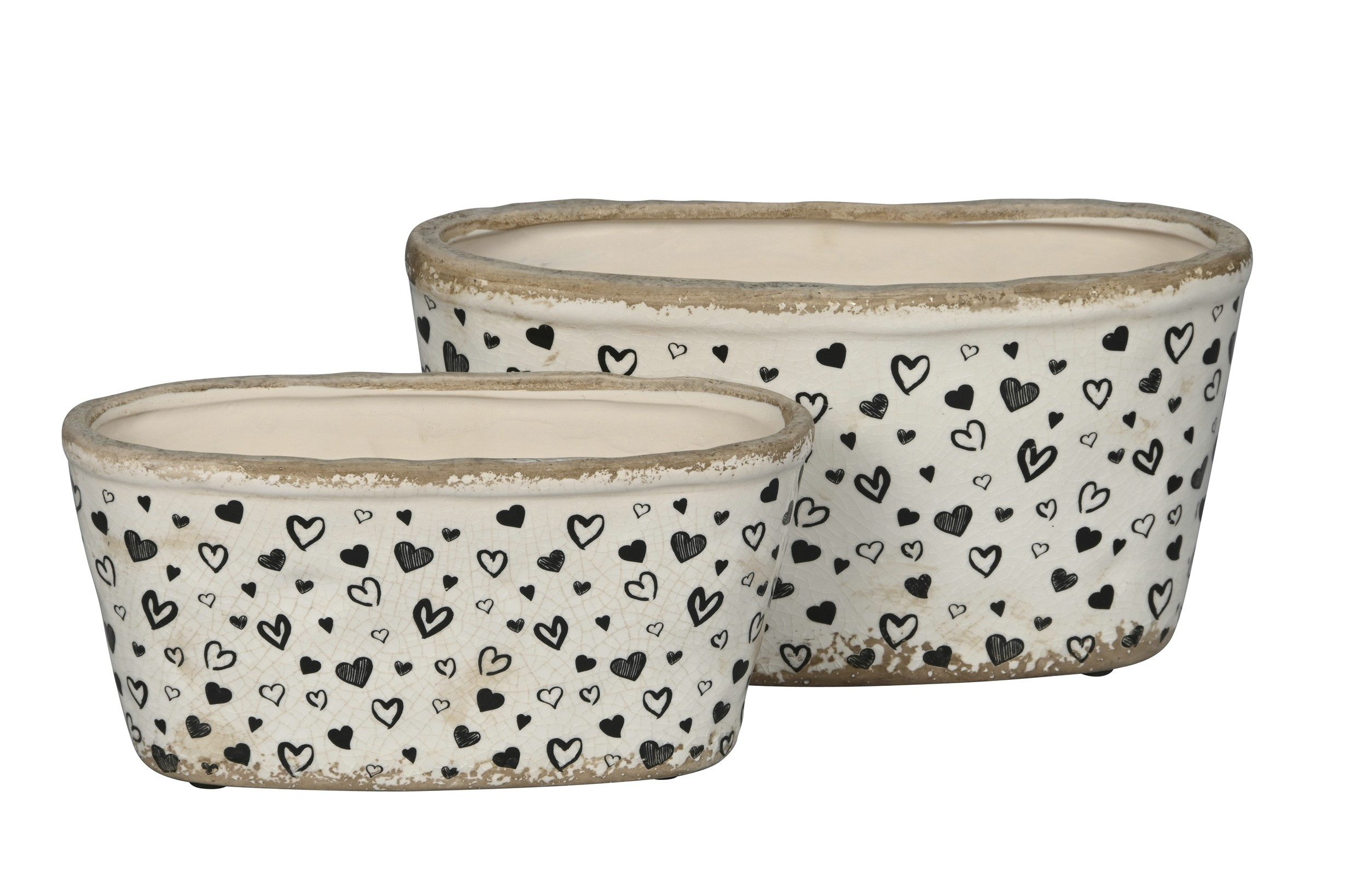 finehomegarden Blumentopf Schalen Set 2er Herzen Weiß-Schwarz 22x10xH11 cm & 26x13xH13 cm (2 St., 2er-Set), Dekorative Steinzeug Schalen im modernen Design
