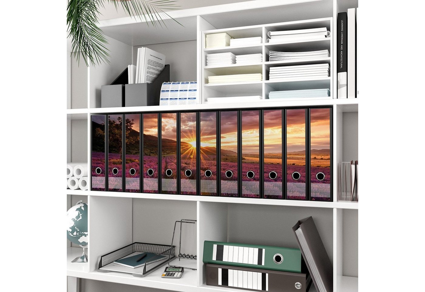 Thumbnail - Wallario Etiketten Lavendelfeld bei Sonnenuntergang - Sonnenstrahlen, Ordnerrücken-Sticker in verschiedenen Ausführungen