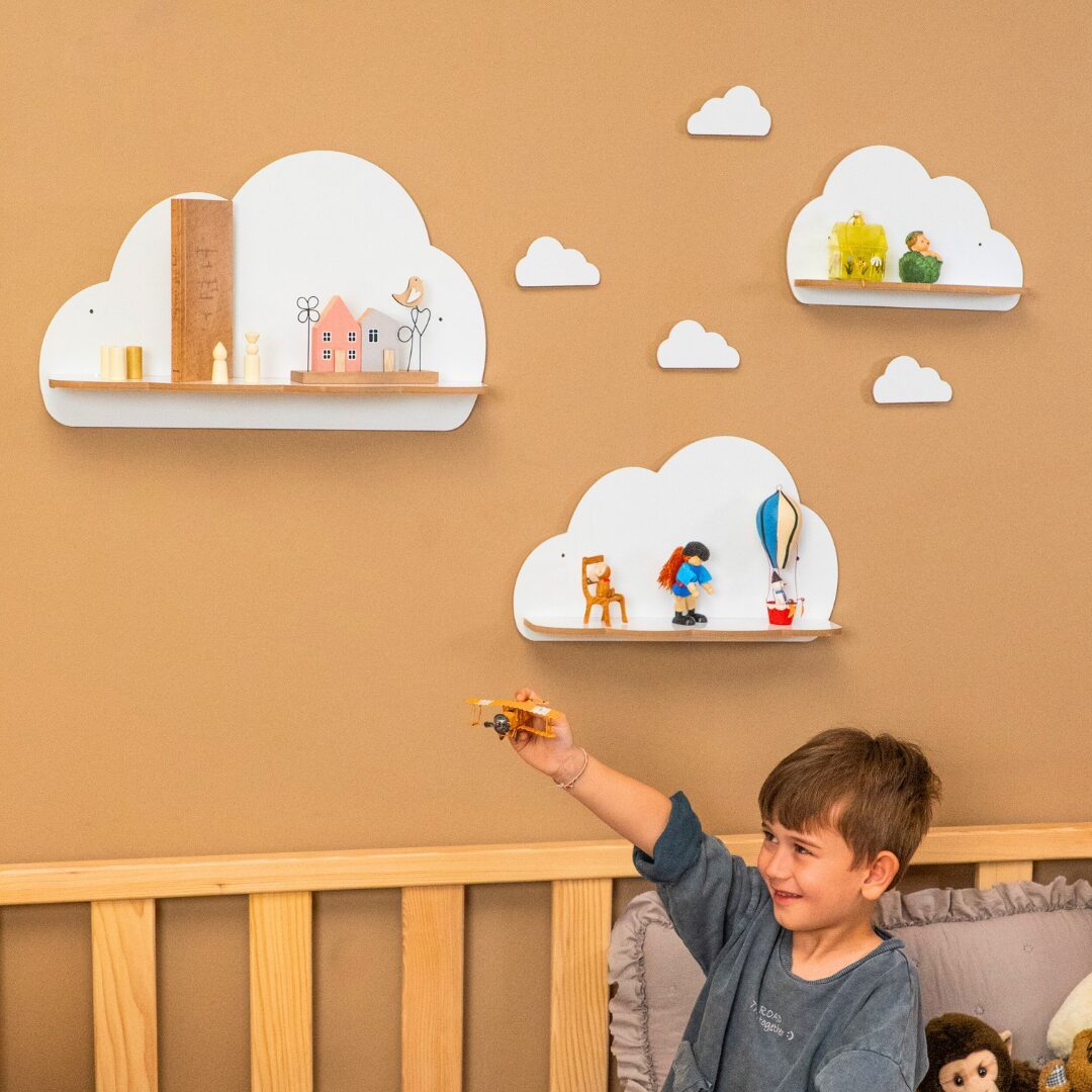 Kinderregal Wolken-Wandregal Set 3-tlg., Weiß, groß/mittel/klein