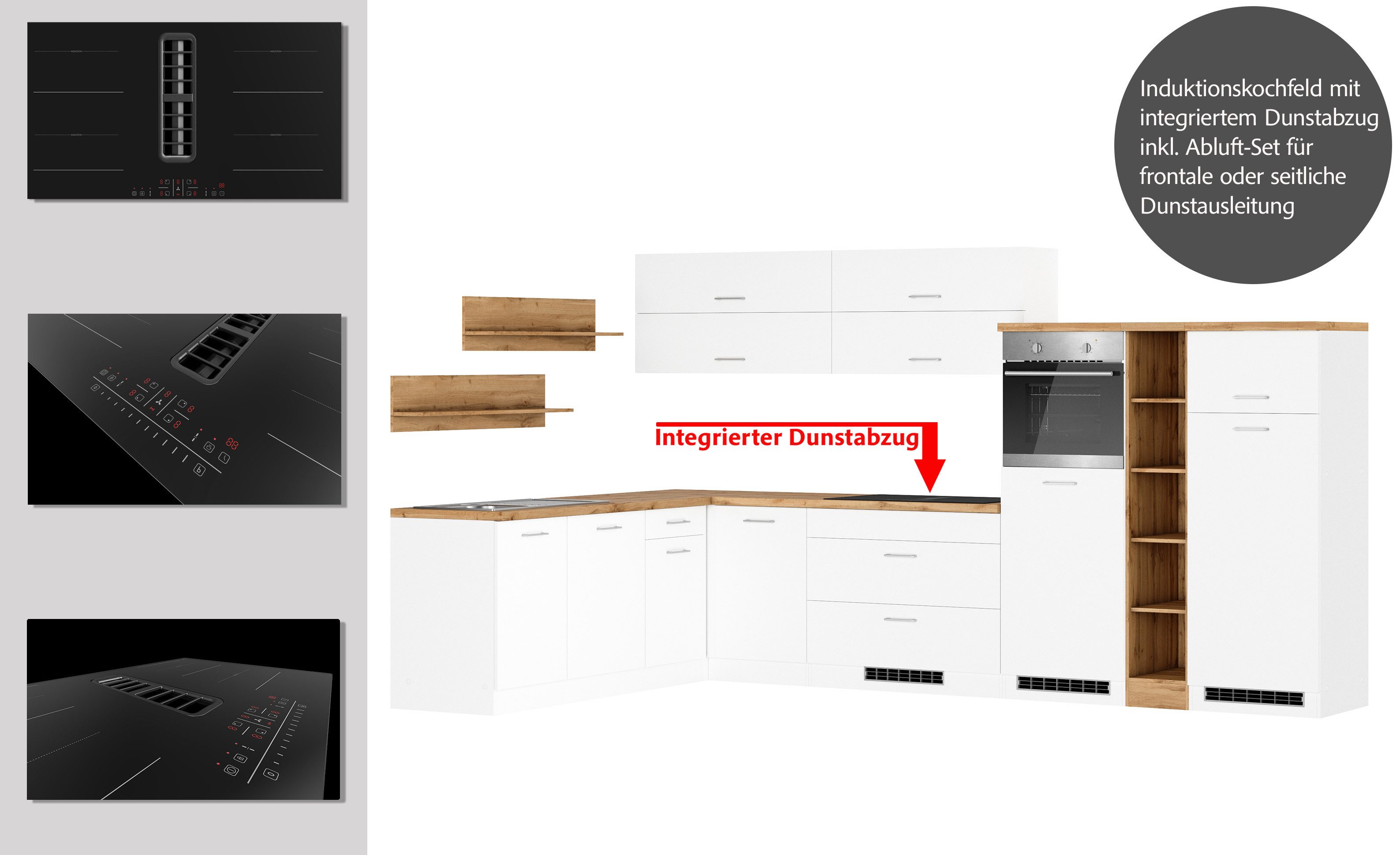 KOCHSTATION Winkelküche KS-Milan, optional mit Muldenlüfter, Stellbr.360/220 cm, wahlweise mit E-Geräten, Kochfeld mit Dunstabzug