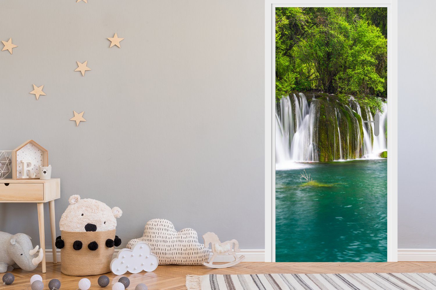 (1 der Matt, grüne 75x205 in St), Die Fototapete Türtapete Wasserfälle oberhalb bedruckt, Türaufkleber, Thailands, cm Tür, für MuchoWow Natur