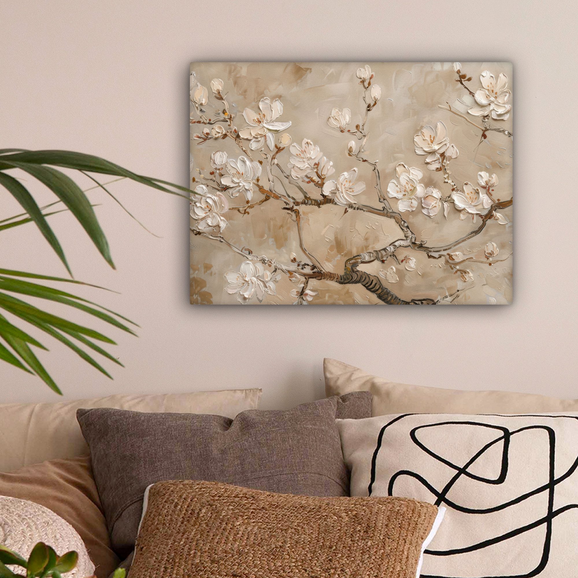 OneMillionCanvasses® Leinwandbild Blumen - Modern - Beige - Weiß - Blüte, Fotodruck (1 St), Wandbild Leinwandbilder, Aufhängefertig, Wanddeko 40x30 cm