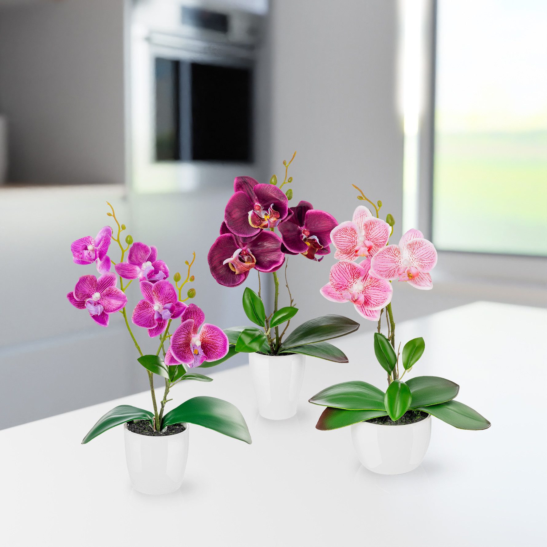 Kunstorchidee 3er Set künstliche Orchideen wie echt (35cm) in Hochglanz-Keramiktopf Orchidee, PASCH