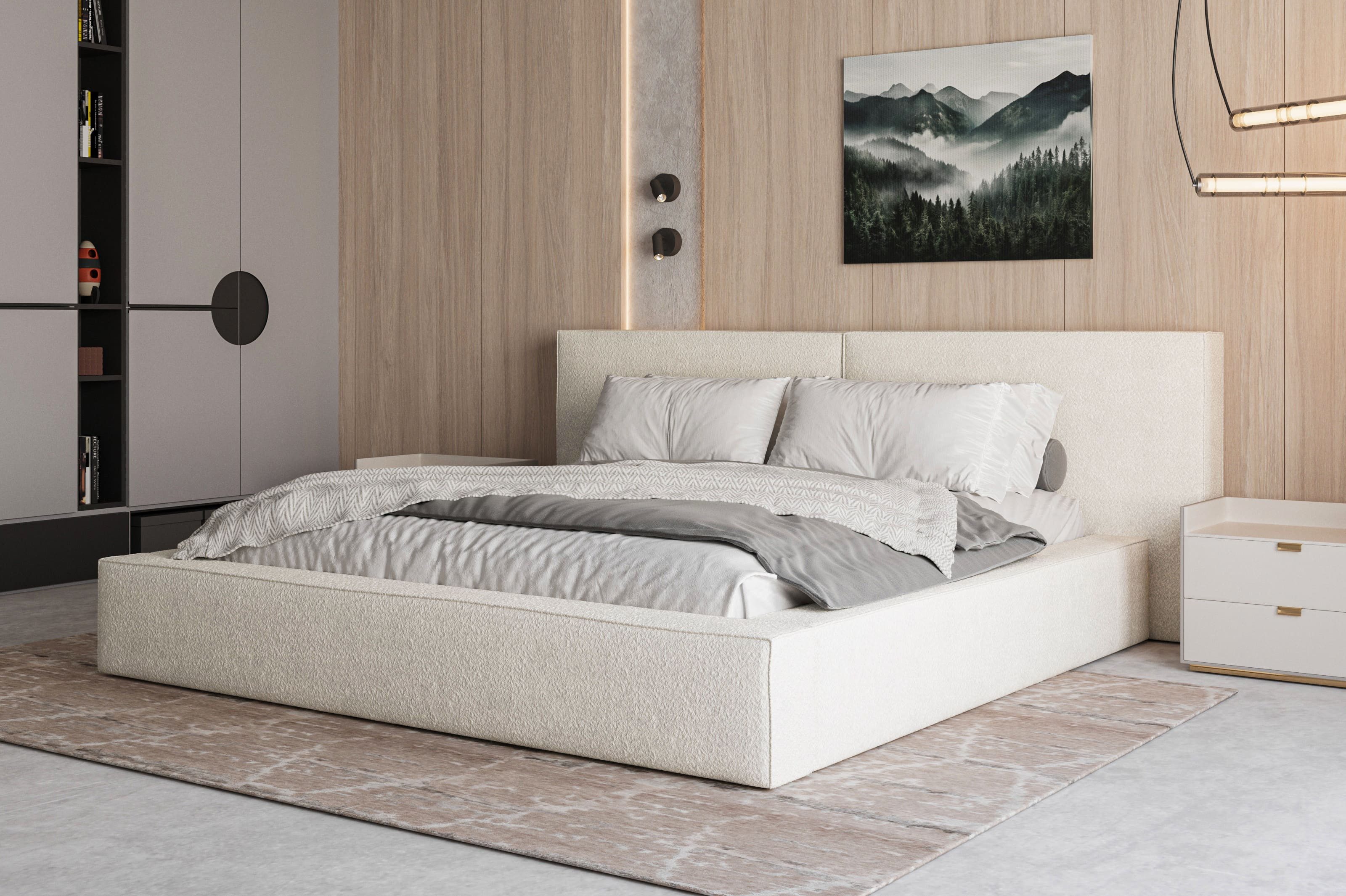 MOEBLO Polsterbett aus Bouclé Bett 06 (Bezug: Boucle, Doppelbett mit Kopfstütze, Rahmenbettgestell, mit Bettkasten und Lattenrost), gepolstertes Kopfteil