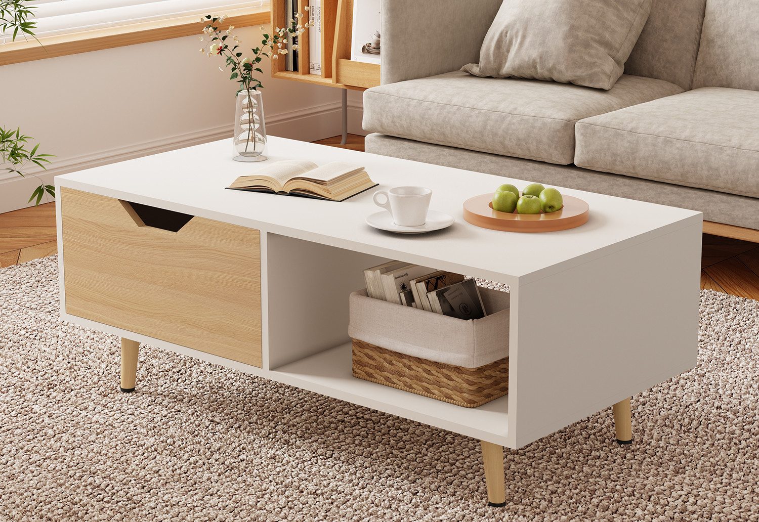 Lexzurn Couchtisch Couchtisch, Kaffeetisch, Sofatisch mit Schubladen (106 x 58 x 39,5 cm), und offenen Ablagefächern, Wohnzimmertisch, Weiß+Naturholz