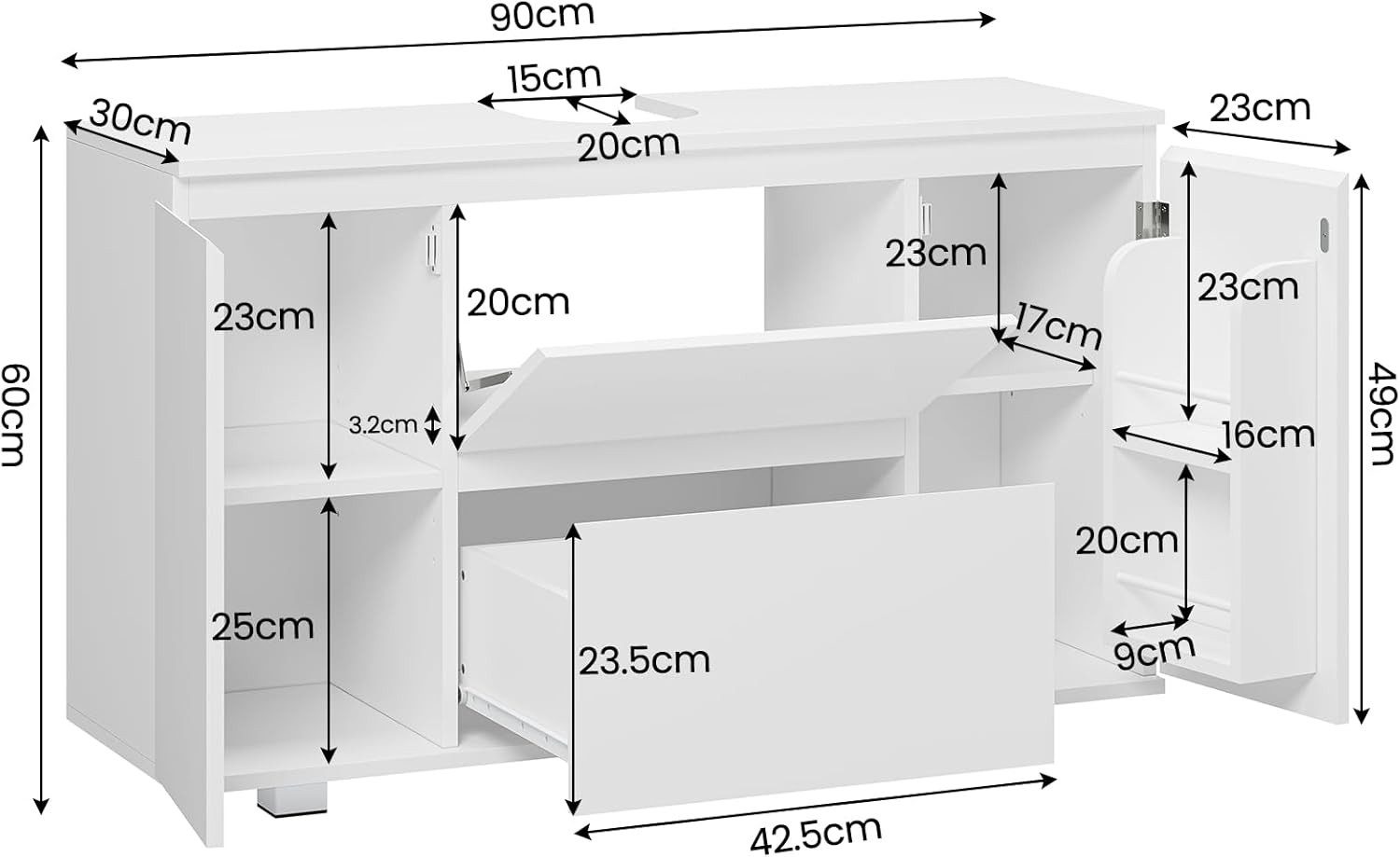 MSMASK Waschbeckenunterschrank Badezimmerschrank mit Schubladen, 90 x 30 x 60 cm, Weiß