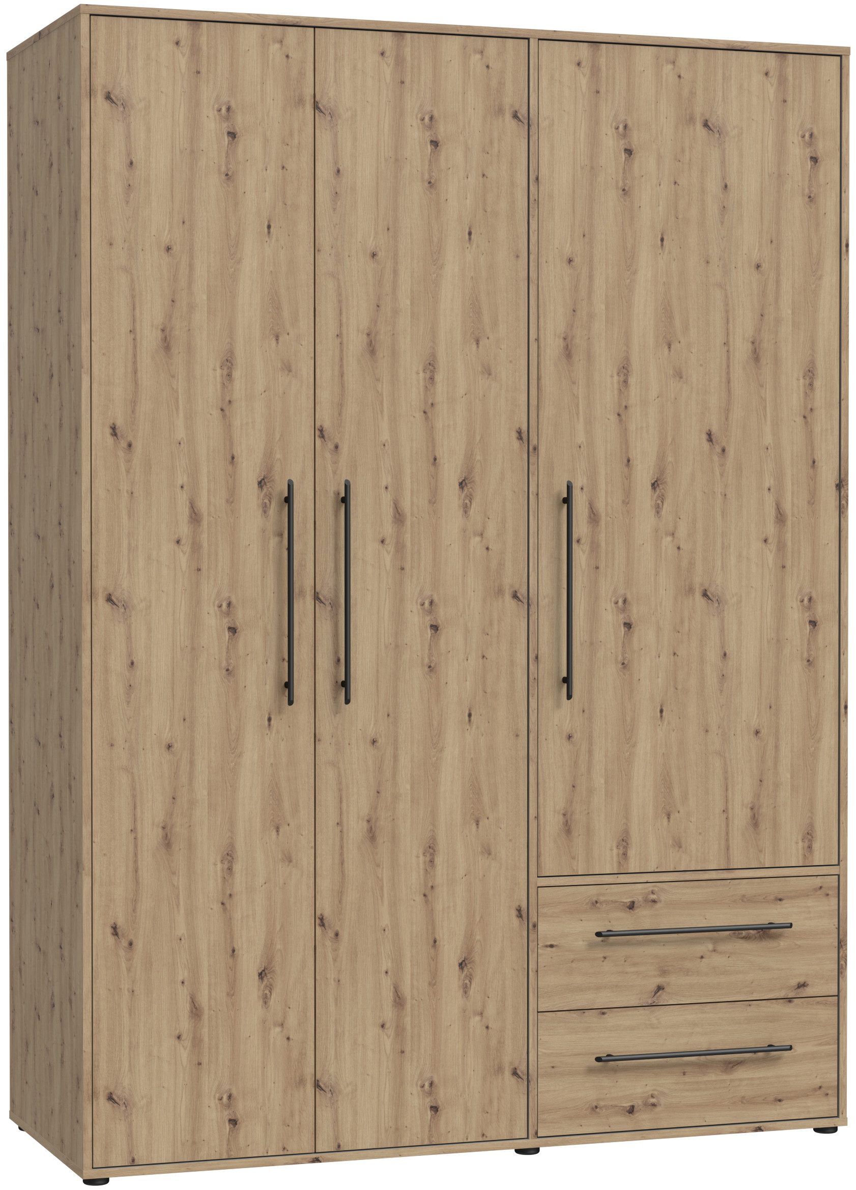 FORTE Kleiderschrank Mokkaris, Garderobe, zeitloses Design, 3 Türen, Made in Europe (B/H/T ca. 144x200x59cm) Zwei Schubladen, schwarze Stangengriffe, Stauraum, auch in Schwarz