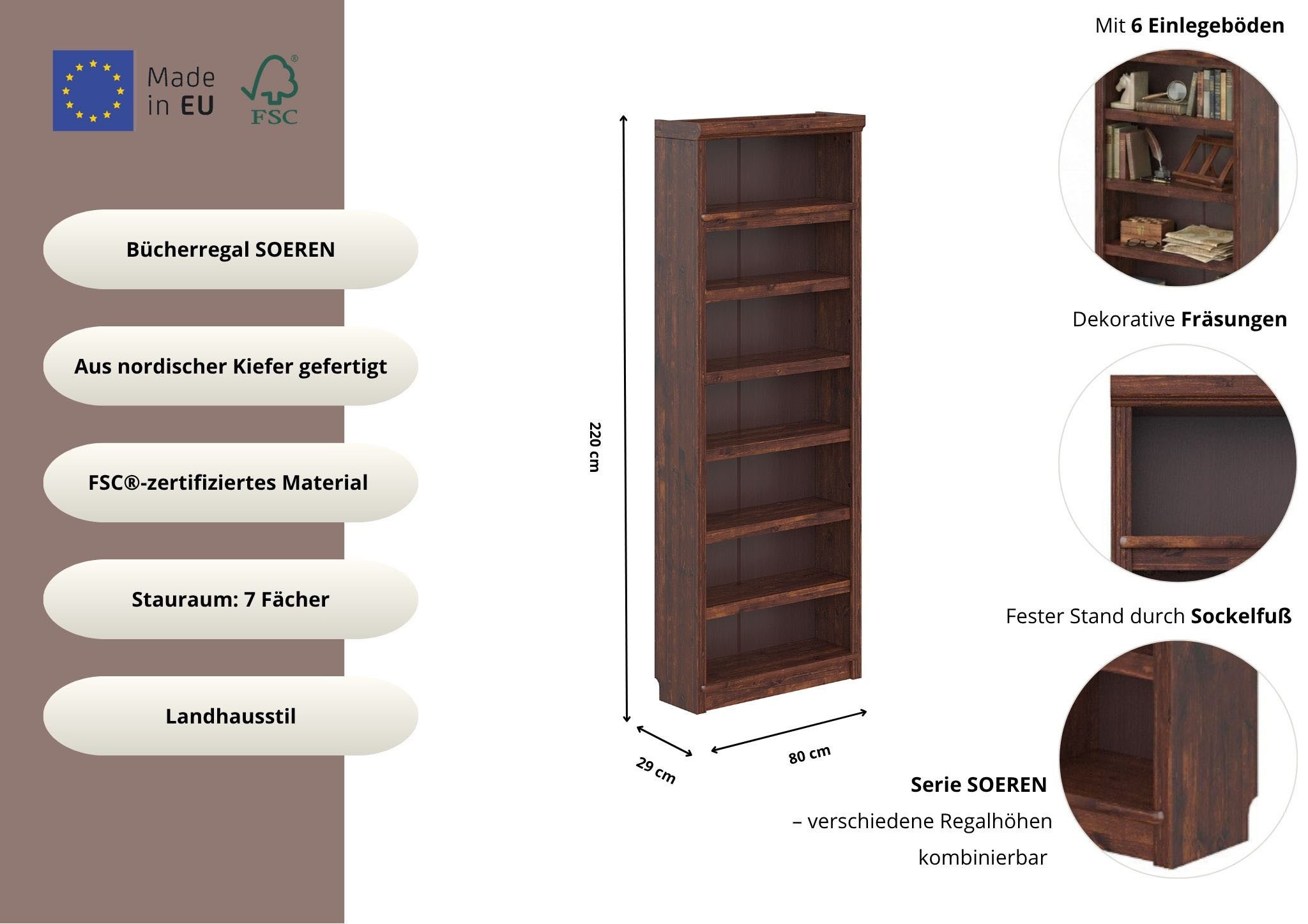 OTTO home Bücherregal Soeren Regal B/T/H: 80/29/220 cm, 7 offene Fächer, massive Kiefer, FSC®-zertifiziert