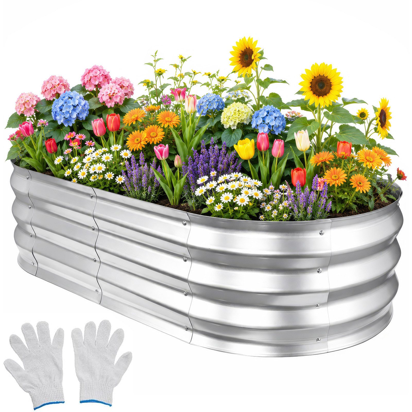 BlingBin Hochbeet Pflanzgefäße Verzinkter Hochbeete für die Gartenarbeit, 120x60x30cm (1er Set, 1 St., Rostbeständig, Wetterfest), Ovaler Gartenbeet mit Werkzeug für Gemüse, Blumen, Obst, Silber