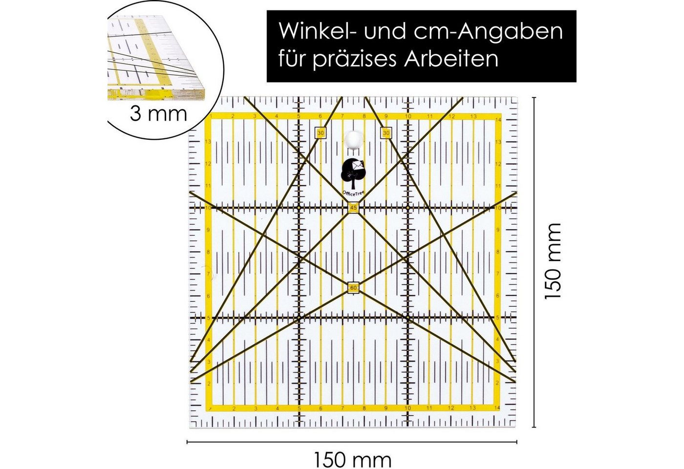 Thumbnail - OfficeTree Lineal Schneiderlineal - 15x15 cm, Patchworklineal Lineal zum Nähen mit exakten Abmessungen und Zuschnitten