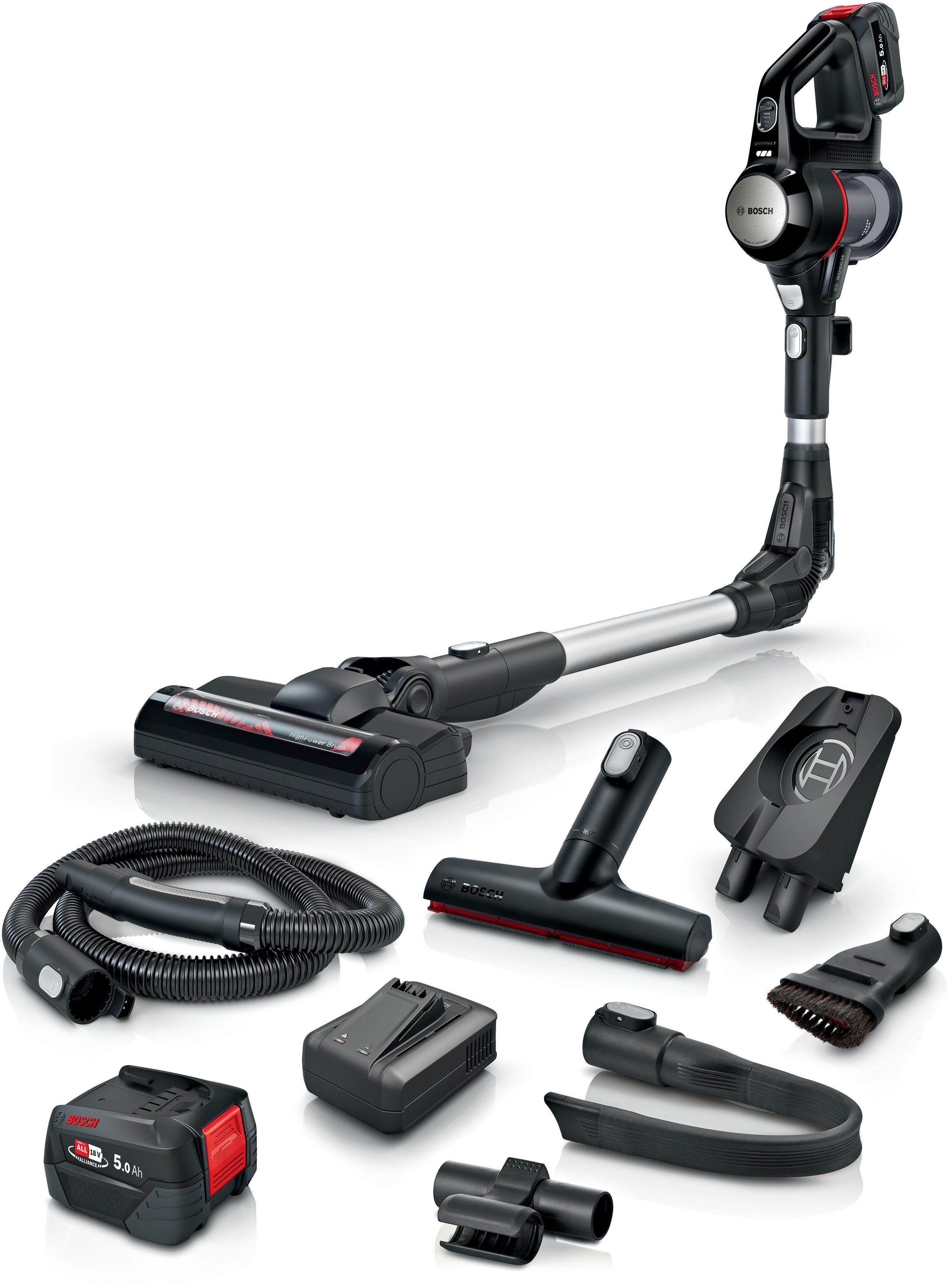 BOSCH Akku-Stielstaubsauger Unlimited 7 BSS715FRSH, Knickrohr, Hygiene-Filter, 10 J. Motorgarantie, beutellos, 2x 5 Ah Akku, lange Laufzeit, Schnellladegerät, viel Zubehör