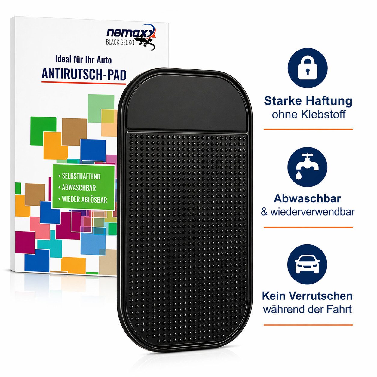 NEMAXX Smartphone-Halterung Antirutsch-Pad Sets Antirutschmatte Nano Haftpad selbsthaftend schwarz, (Auto Armaturenbrett für Handy,Smartphone,Navi, Schlüssel - abwaschbar, 1-tlg., Haftet ohne Klebstoff, Magnet oder zusätzliche Befestigung dauerhaft)