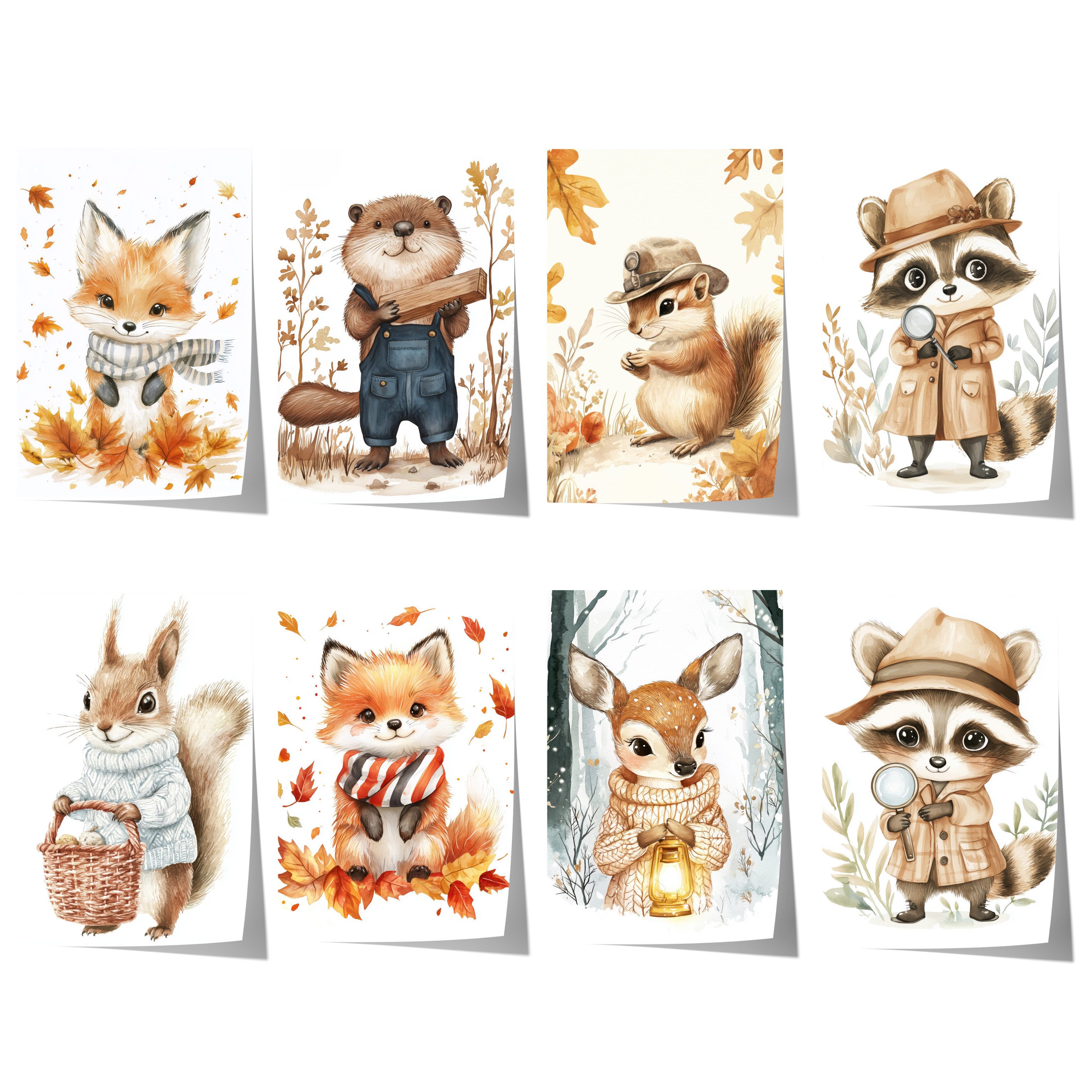 JUSTGOODMOOD Poster Niedliches Waldtier Geschenkidee Aquarell llustration mit Fuchs Waschb, B (1 St)